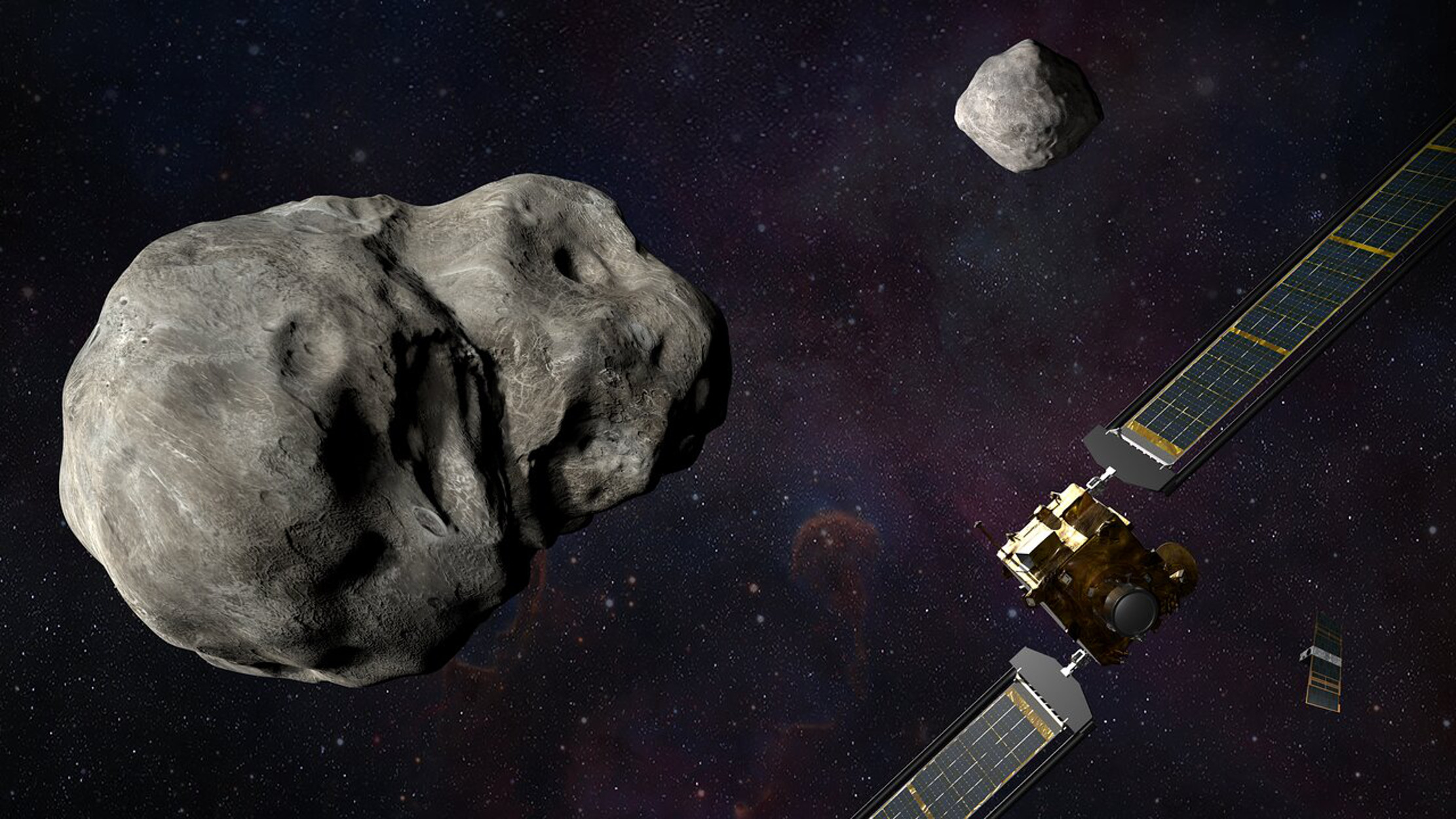 This artist rendering shows NASA’s DART and ASI’s LICIACube encountering Didymos and Dimorphos.