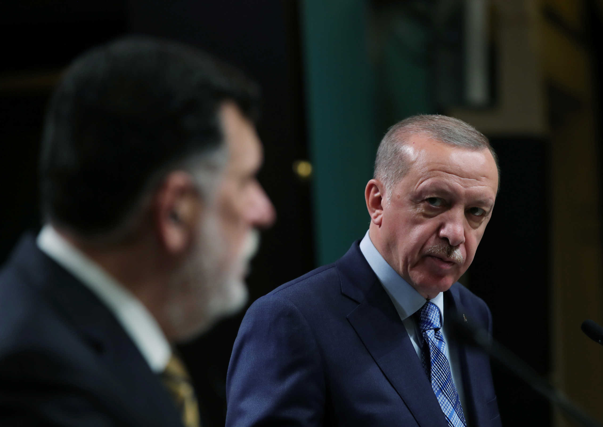 Turkish President Tayyip Erdogan speaks during a news conference with Libya's internationally recognised Prime Minister Fayez al-Serraj at the Presidential Palace in Ankara, Turkey, June 4, 2020. Murat Cetinmuhurdar