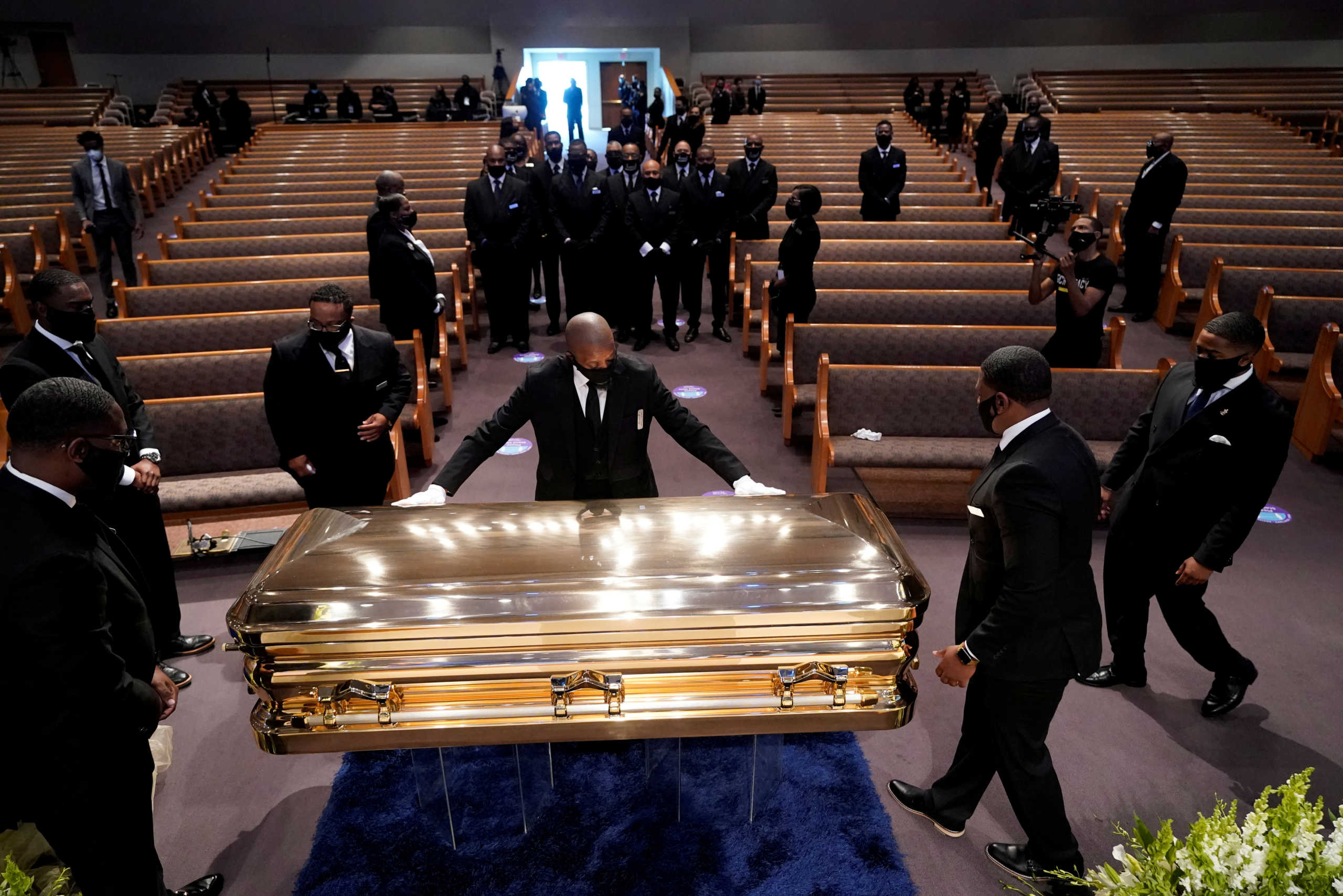 The casket of George Floyd is placed in the chapel during a funeral service for Floyd at the Fountain of Praise church, in Houston, Texas, U.S., June 9, 2020. David J. Phillip