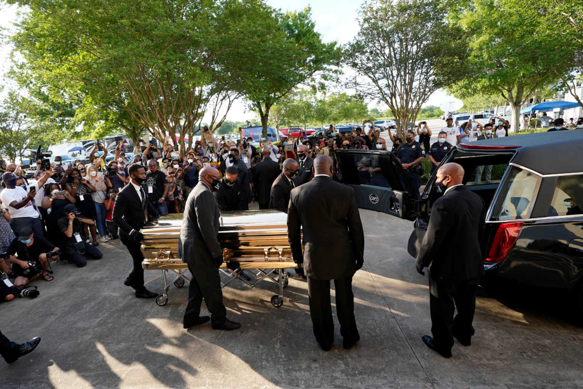 The casket of George Floyd is removed after a public visitation for Floyd at the Fountain of Praise church, Monday, June 8, 2020, in Houston, U.S.   David J. Phillip
