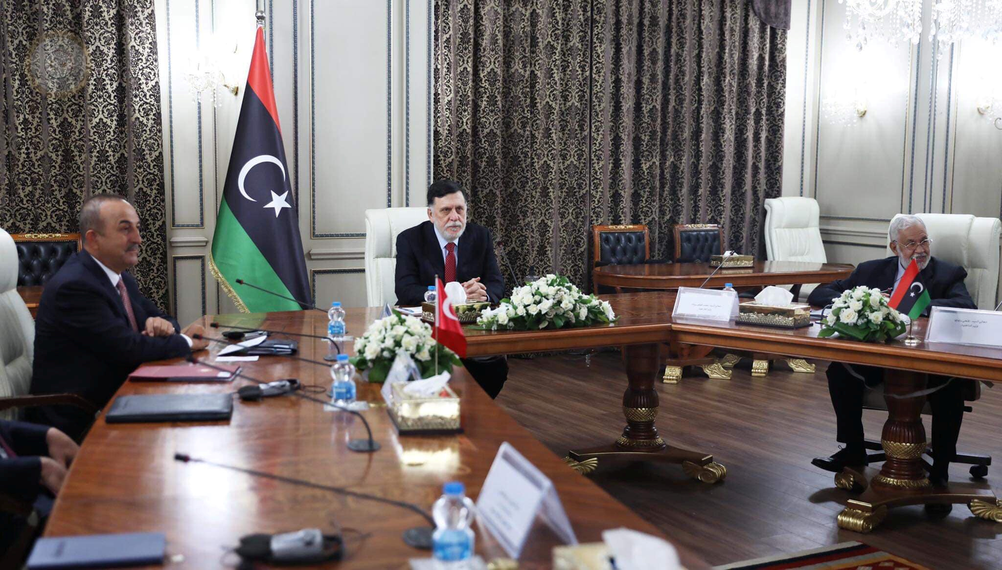 Libya's internationally recognised Prime Minister Fayez al-Serraj meets with Turkish Foreign Minister Mevlut Cavusoglu and Senior Turkish officials in Tripoli, Libya June 17, 2020. The Media Office of the Prime Minister