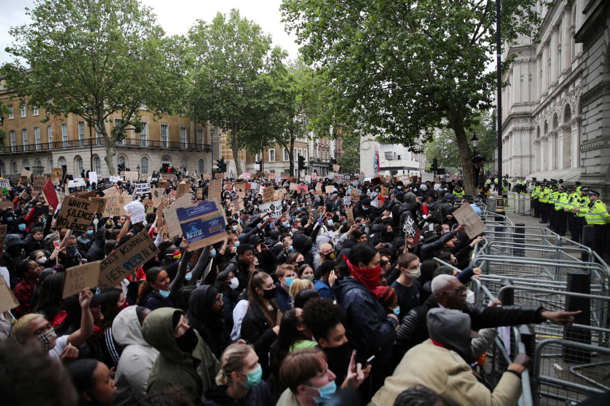 Demonstrators outside Downing Street during a Black Lives Matter protest in London, following the death of George Floyd who died in police custody in Minneapolis, London, Britain, June 7, 2020. REUTERS