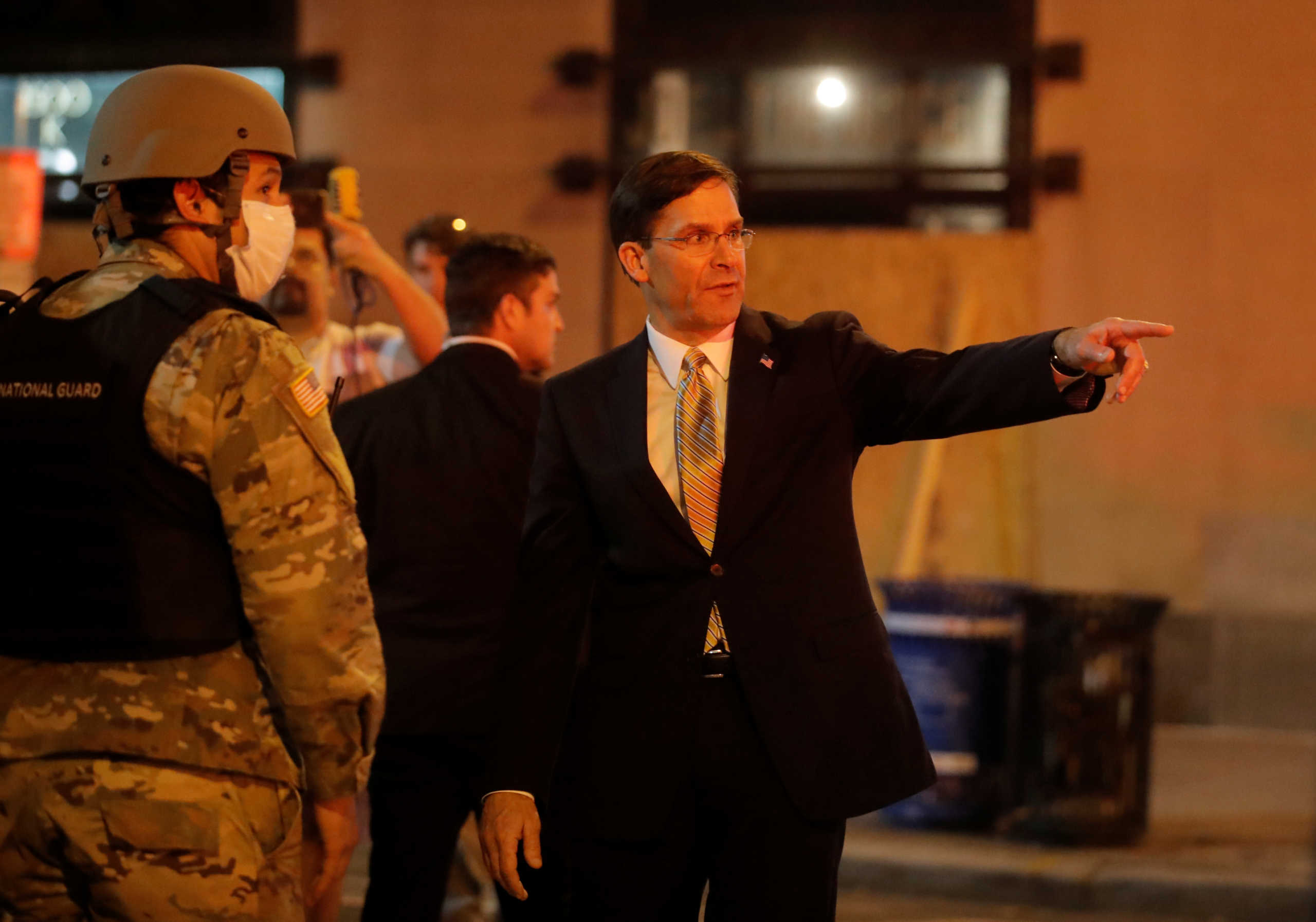 U.S. Defense Secretary Mark Esper visits DC National Guard military officers guarding the White House amid nationwide unrest following the death in Minneapolis police custody of George Floyd, in Washington, U.S., June 1, 2020.   REUTERS