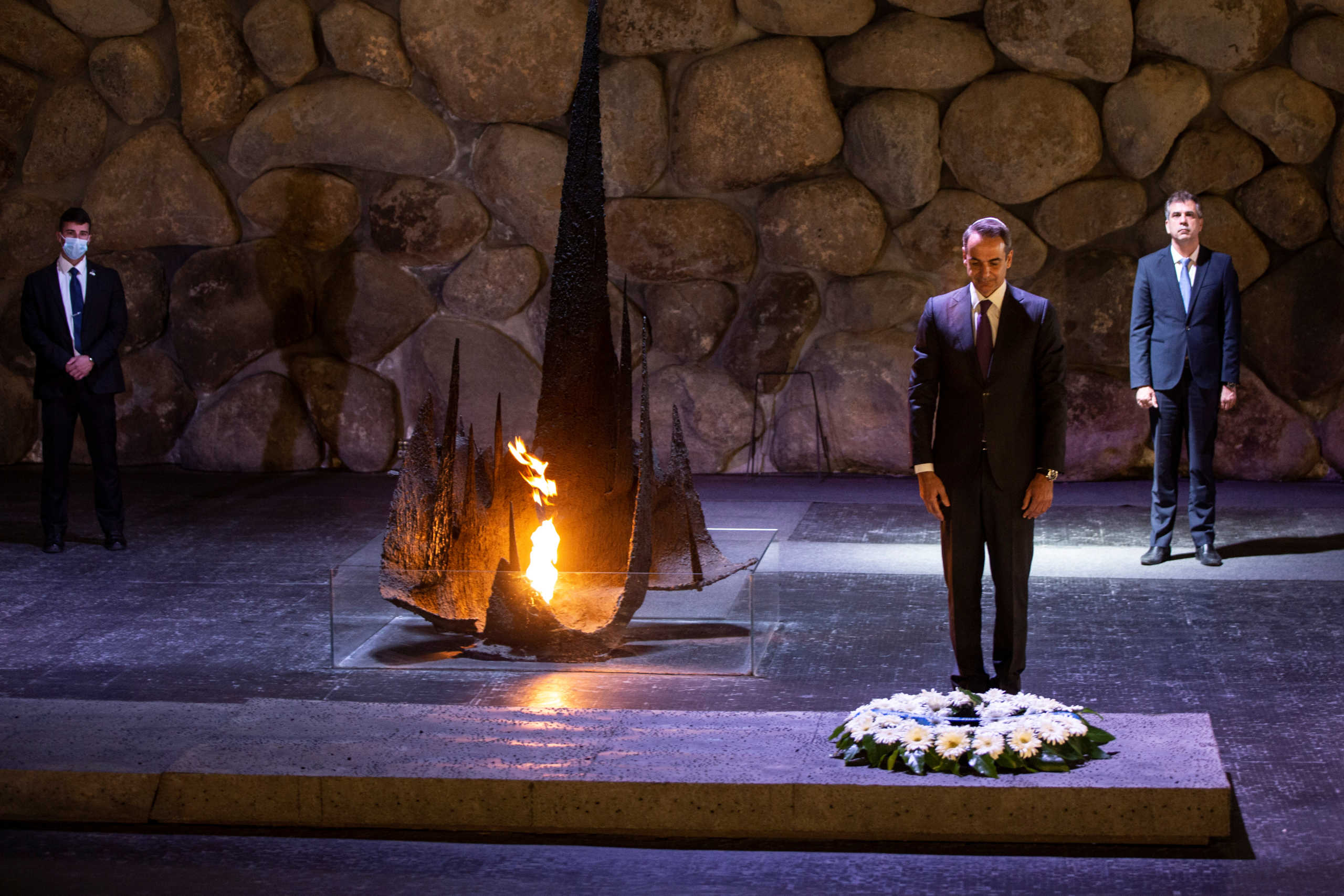 Greek Prime Minister Kyriakos Mitsotakis attends a ceremony in the Hall of Remembrance during his visit to the Yad Vashem Holocaust Museum in Jerusalem June 17, 2020. Heidi Levine