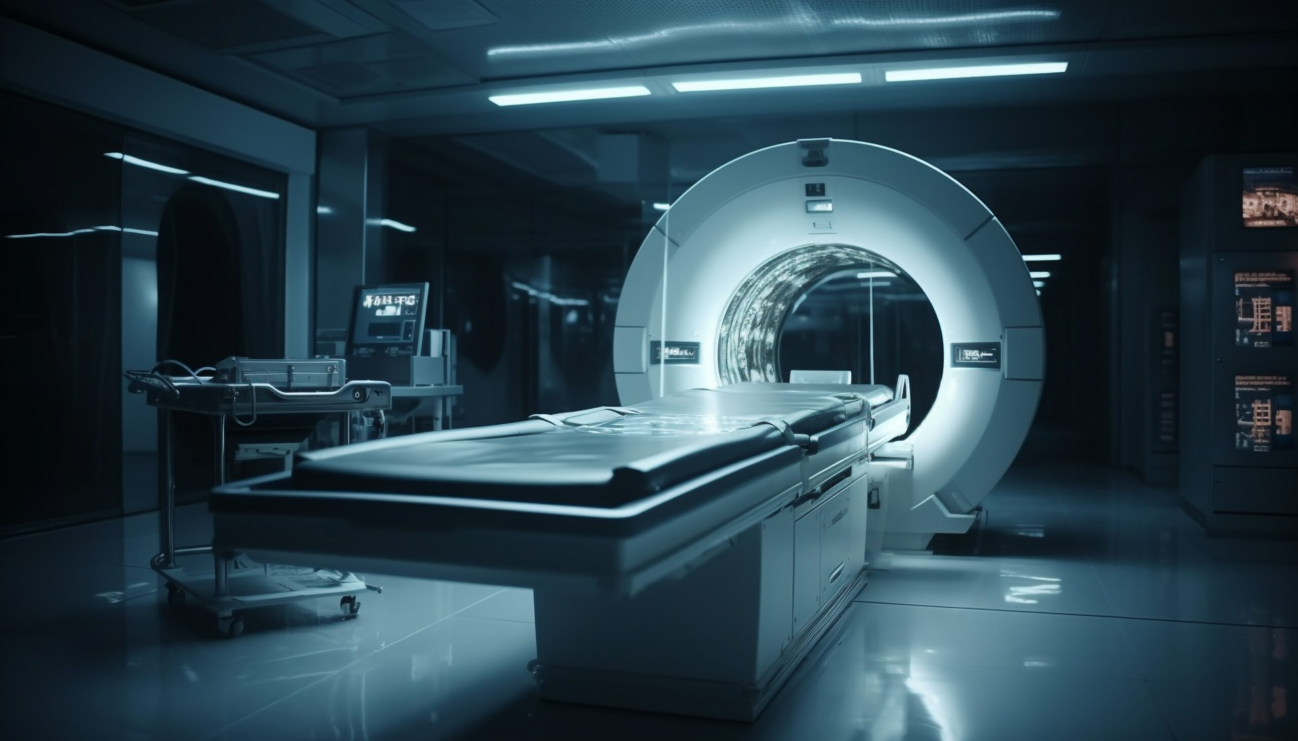 Modern hospital machinery illuminates blue MRI scanner generated by artificial intelligence