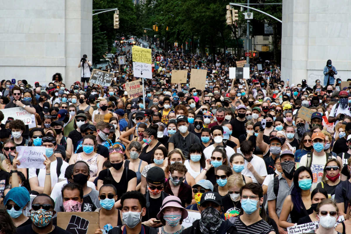 Demonstrators gather at Washington Square Park, during a protest against the death in Minneapolis police custody of George Floyd, in New York City, New York, U.S., June 6, 2020. REUTERS