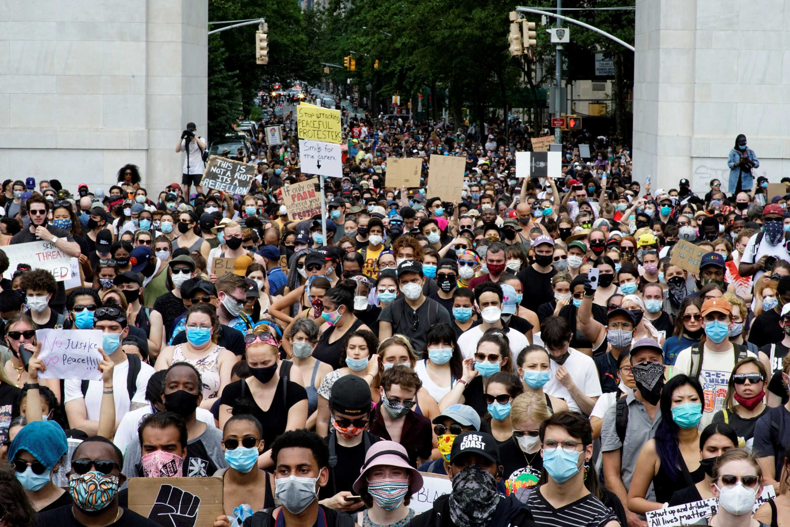 Demonstrators gather at Washington Square Park, during a protest against the death in Minneapolis police custody of George Floyd, in New York City, New York, U.S., June 6, 2020. REUTERS