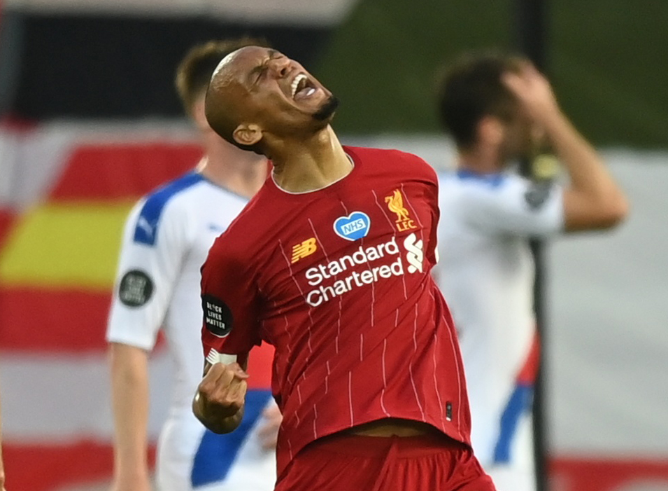 Soccer Football - Premier League - Liverpool v Crystal Palace - Anfield, Liverpool, Britain - June 24, 2020  Liverpool's Fabinho celebrates scoring their third goal as play resumes behind closed doors following the outbreak of the coronavirus disease (COVID-19) Shaun Botterill
