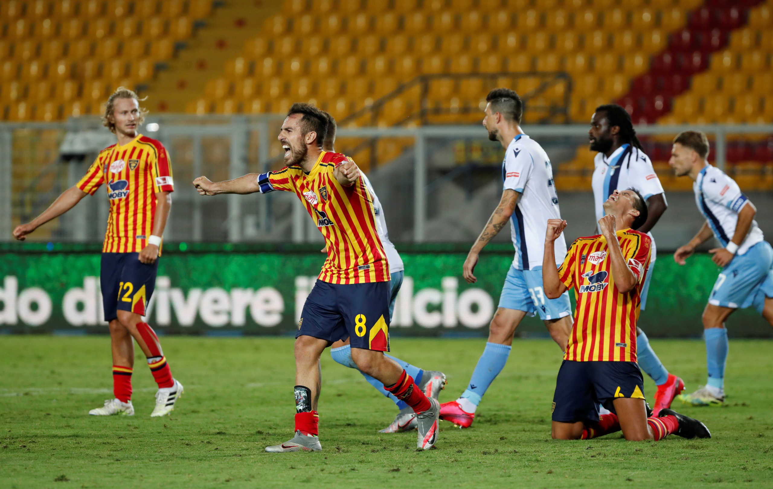 Soccer Football - Serie A - Lecce v Lazio - Stadio Via del Mare, Lecce, Italy - July 7, 2020   Lecce's Marco Mancosu celebrates after the match , as play resumes behind closed doors following the outbreak of the coronavirus disease (COVID-19)   REUTERS