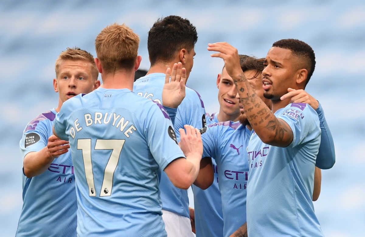 Soccer Football - Premier League - Manchester City v Newcastle United - Etihad Stadium, Manchester, Britain - July 8, 2020  Manchester City's Gabriel Jesus celebrates scoring their first goal with teammates, as play resumes behind closed doors following the outbreak of the coronavirus disease (COVID-19)  Michael Regan