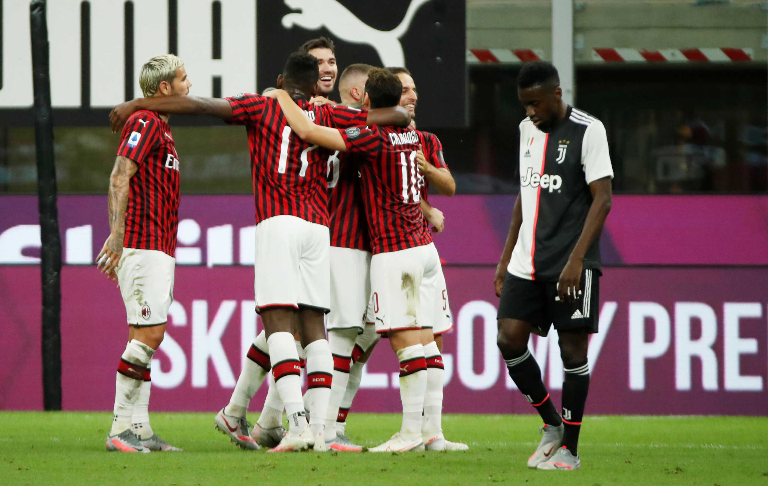 Soccer Football - Serie A - AC Milan v Juventus - San Siro, Milan, Italy - July 7, 2020   AC Milan's Ante Rebic celebrates scoring their fourth goal with teammates, as play resumes behind closed doors following the outbreak of the coronavirus disease (COVID-19)   REUTERS