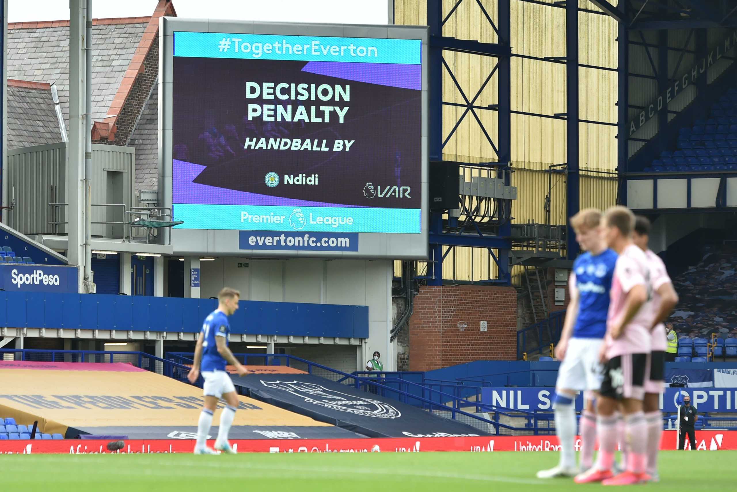 Soccer Football - Premier League - Everton v Leicester City - Goodison Park, Liverpool, Britain - July 1, 2020 A general view as a VAR decision awards a penalty to Everton, as play resumes behind closed doors following the outbreak of the coronavirus disease (COVID-19) Peter Powell