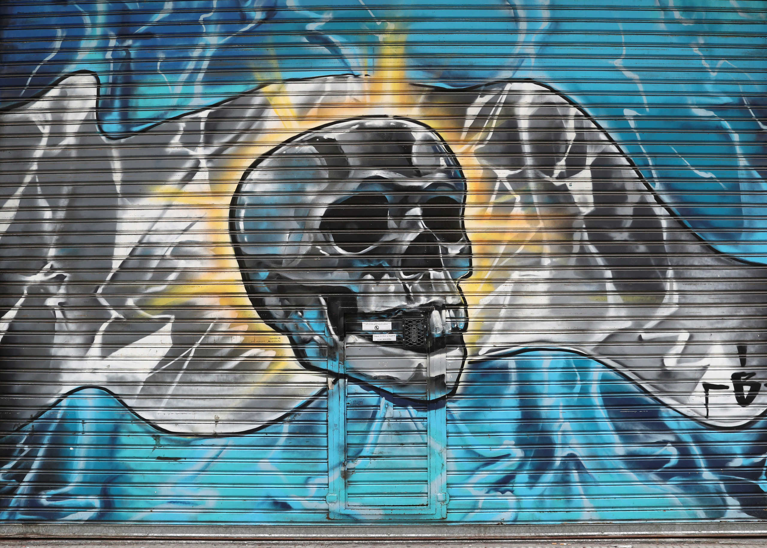 A graffiti depicting a skull replacing the sun in the Argentine's flag is seen over the shutter of a closed shop, during the spread of the coronavirus disease (COVID-19), in Buenos Aires, Argentina July 27, 2020. REUTERS