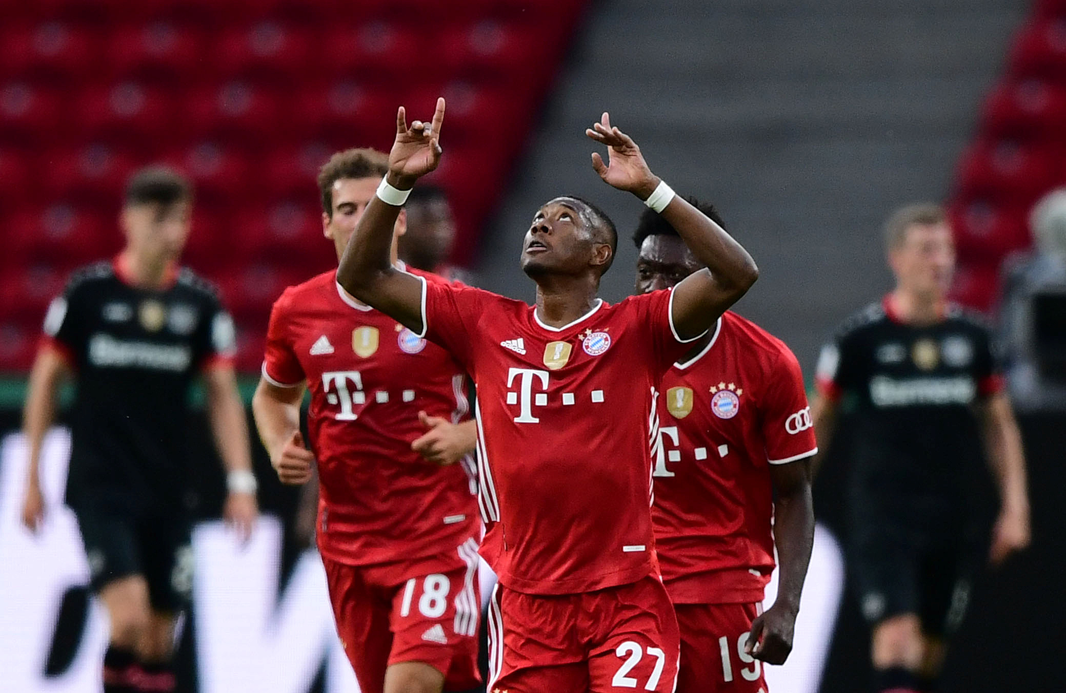 Soccer Football - DFB Cup - Final - Bayer Leverkusen v Bayern Munich - Olympiastadion, Berlin, Germany - July 4, 2020  Bayern Munich's David Alaba celebrates scoring their first goal, following the resumption of play behind closed doors after the outbreak of the coronavirus disease (COVID-19)  Robert Michael