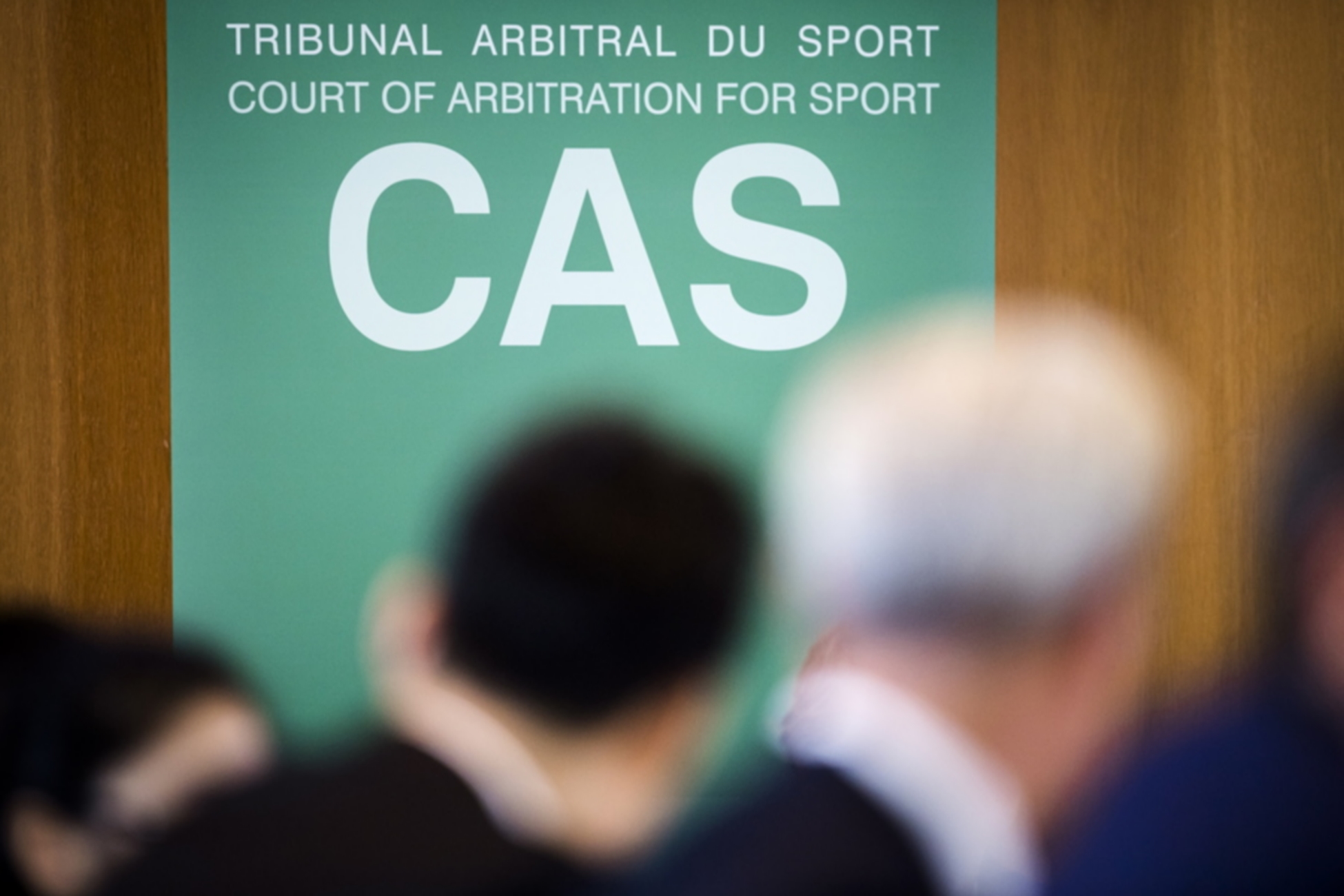 epa07998578 The logo of (CAS) is pictured as Chinese swimming star Sun Yang (unseen), arrives for the Court of Arbitration for Sport, (CAS) public hearing in Montreux, Switzerland, 15 November 2019. One of China's biggest Olympic stars and three-time gold medalist swimmer Sun Yang is facing a World Anti-Doping Agency appeal in Switzerland that seeks to ban him for up eight years for allegedly refusing to give samples voluntarily.  EPA