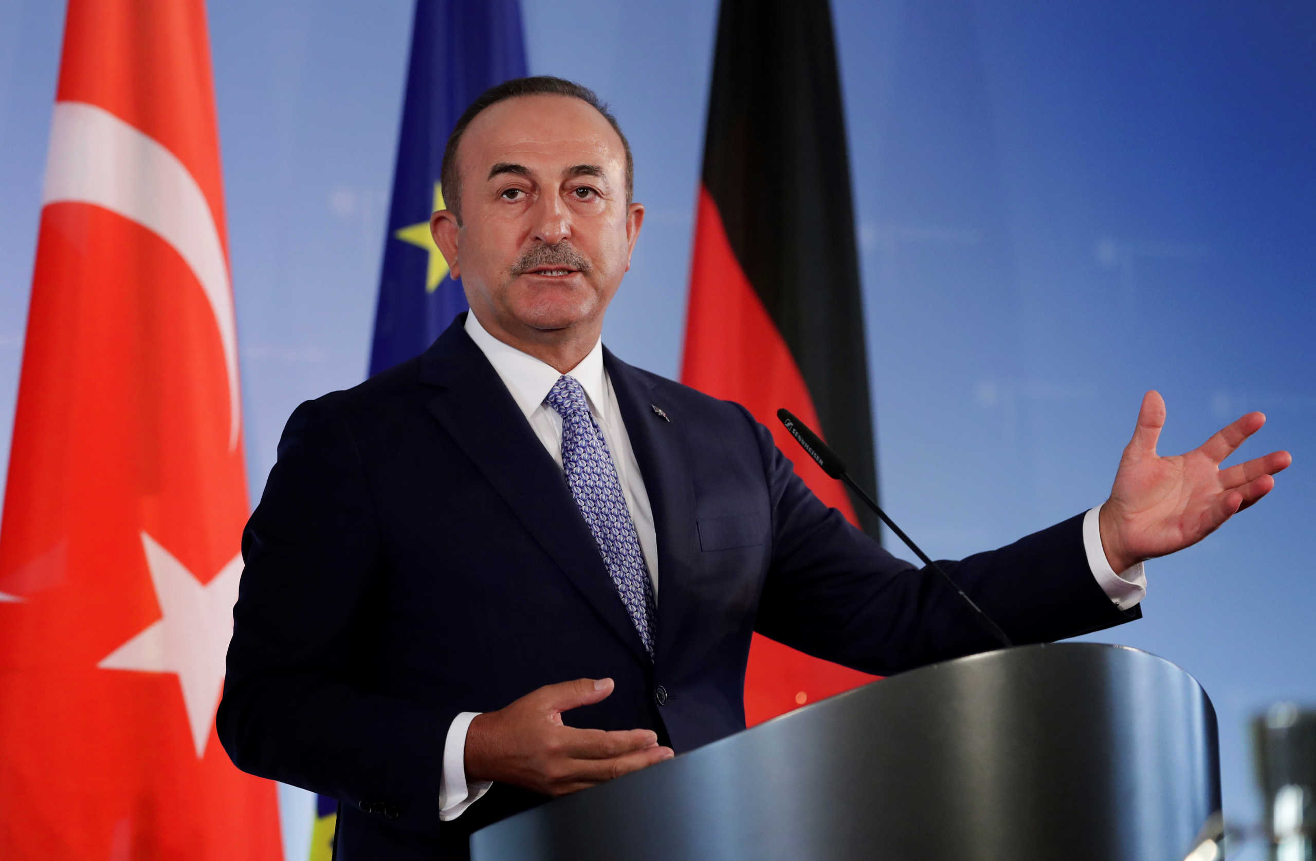 Turkish Foreign Minister Mevlut Cavusoglu and German Foreign Minister Heiko Maas (not pictured) address the media during a joint news conference after a meeting in Berlin, Germany July 2, 2020. Michael Sohn