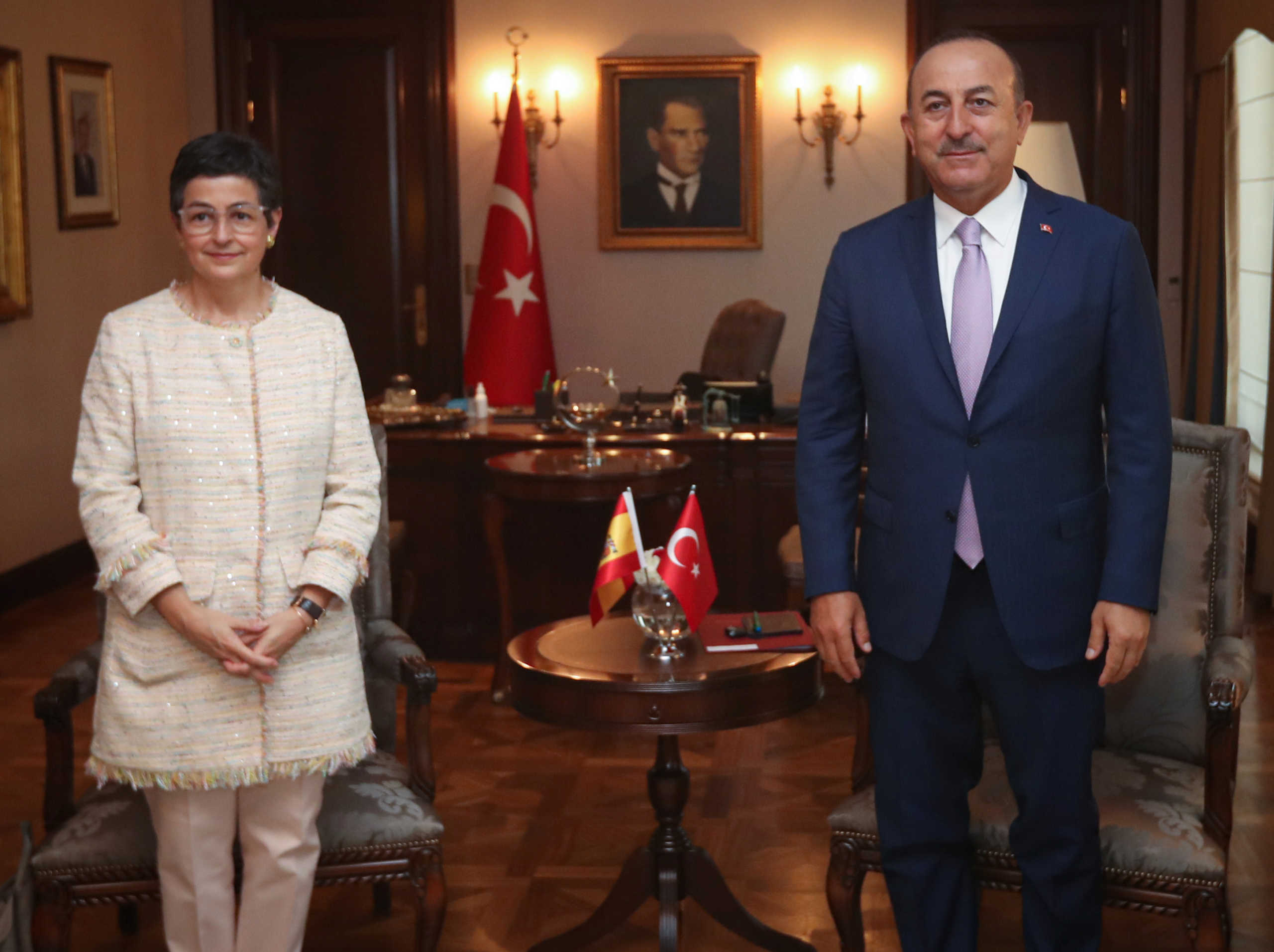 Turkish Foreign Minister Mevlut Cavusoglu meets with his Spanish counterpart Arancha Gonzalez Laya in Ankara, Turkey, July 27, 2020. Turkish Foreign Ministry