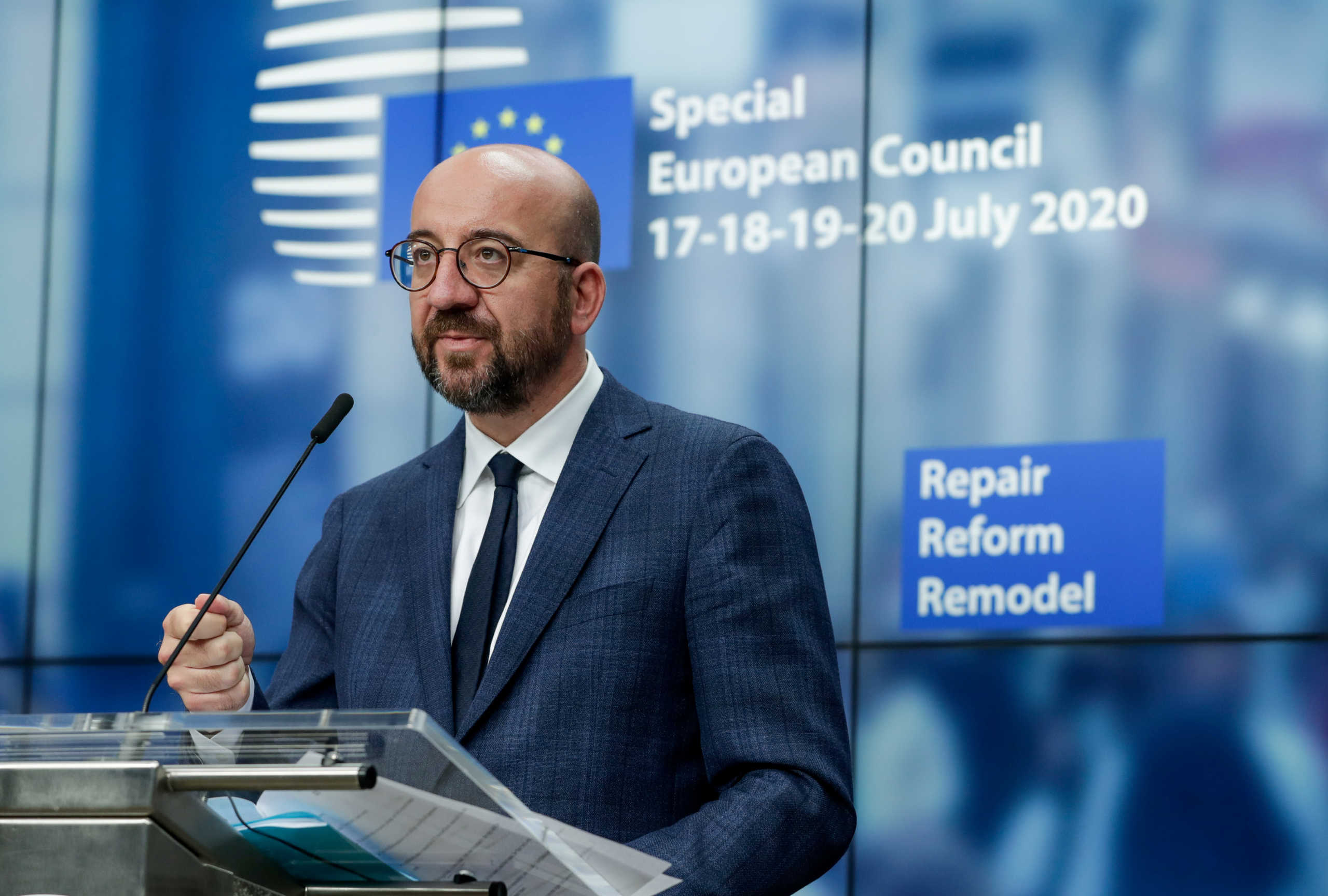 European Council President Charles Michel speaks at a news conference following a four-day European summit at the European Council in Brussels, Belgium, July 21, 2020. Stephanie Lecocq