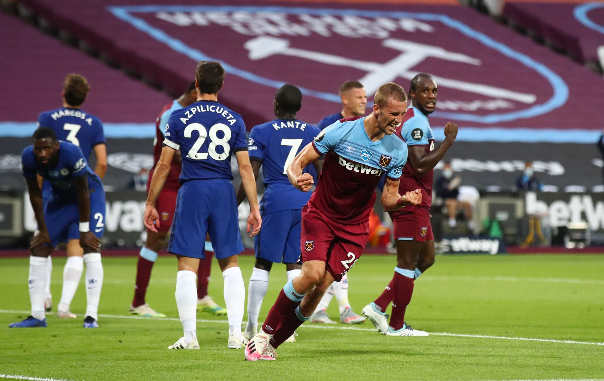 Soccer Football - Premier League - West Ham United v Chelsea - London Stadium, London, Britain - July 1, 2020 West Ham United's Tomas Soucek celebrates scoring their first goal, as play resumes behind closed doors following the outbreak of the coronavirus disease (COVID-19) Julian Finney