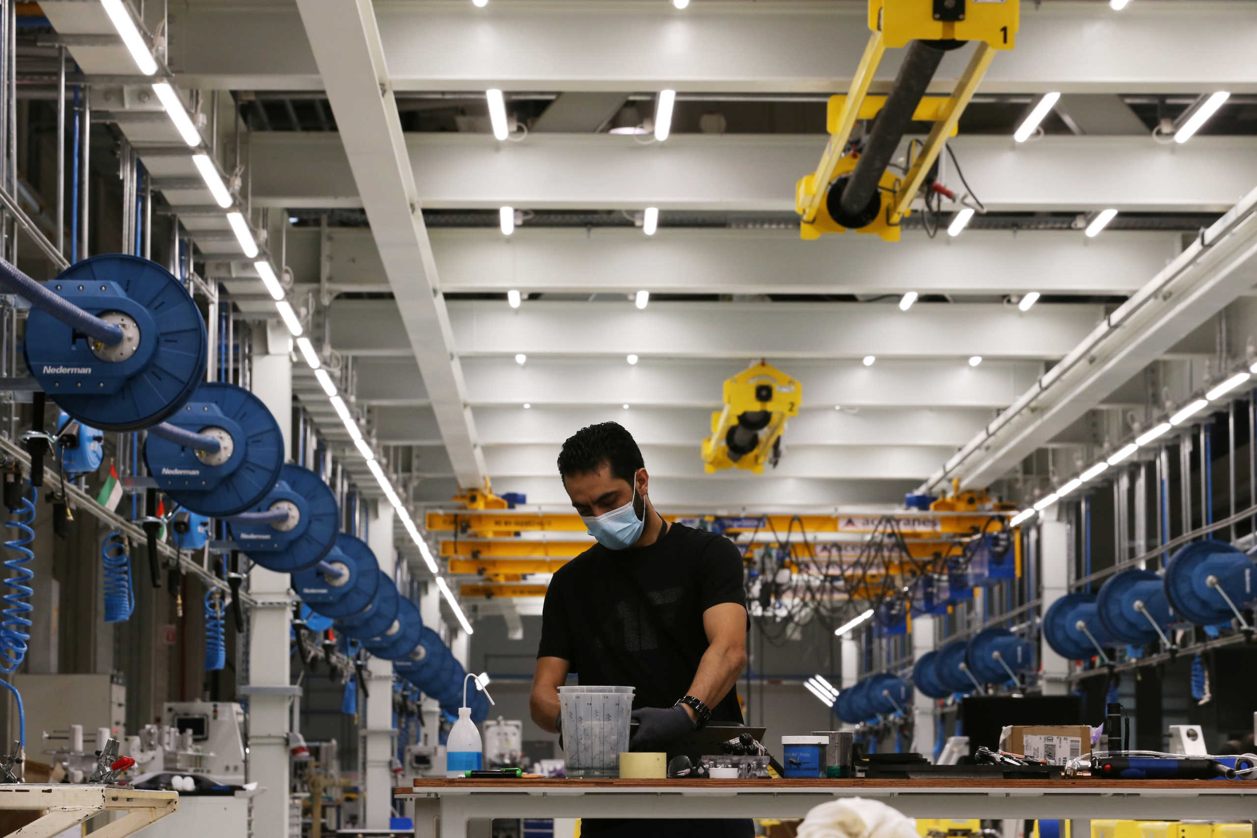 A worker is seen at the Strata Manufacturing facility, an Emirati factory producing parts for Airbus and Boeing jets, as they make personal protective equipment such as N95 masks, due to shortages of protective gear in some countries after the coronavirus disease (COVID-19) outbreak, in Al Ain, United Arab Emirates, July 8, 2020. Picture taken July 8, 2020. REUTERS