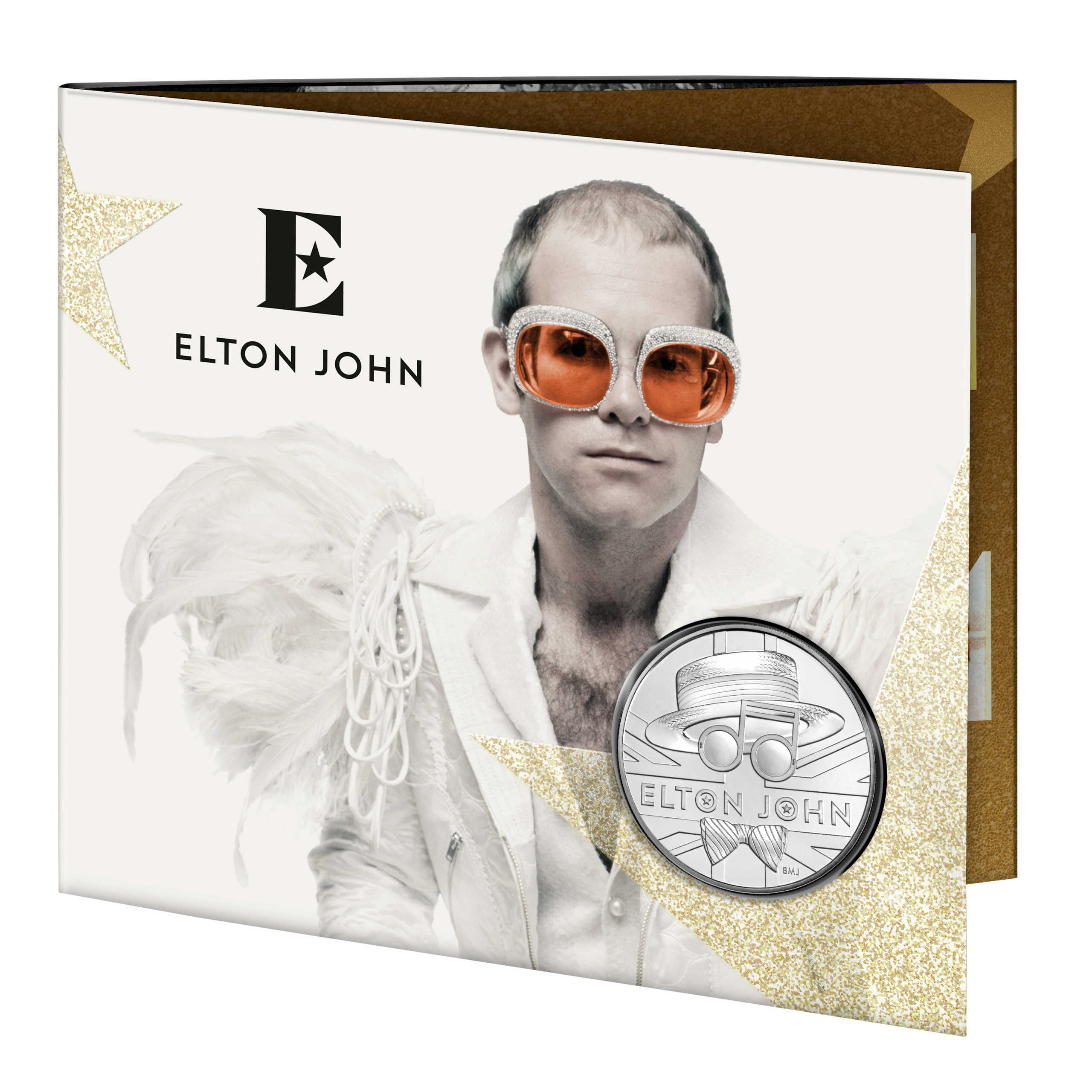 A £5 brilliant uncirculated coin's outer slip case's front from the new competitive Elton John coin collection released by Britain's Royal Mint is seen in this handout image obtained by Reuters on July 5, 2020. THE ROYAL MINT