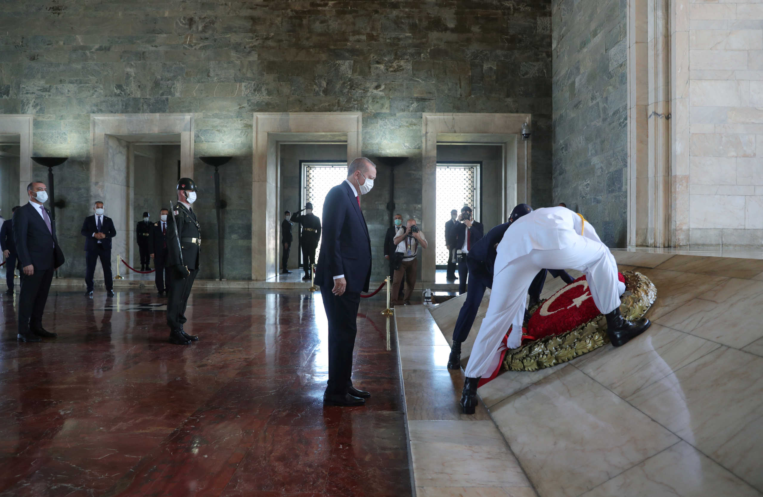 Turkey's President Tayyip Erdogan attends a wreath-laying ceremony at the mausoleum of Mustafa Kemal Ataturk, founder of modern Turkey, in Ankara, Turkey, July 23, 2020. Murat Cetinmuhurdar