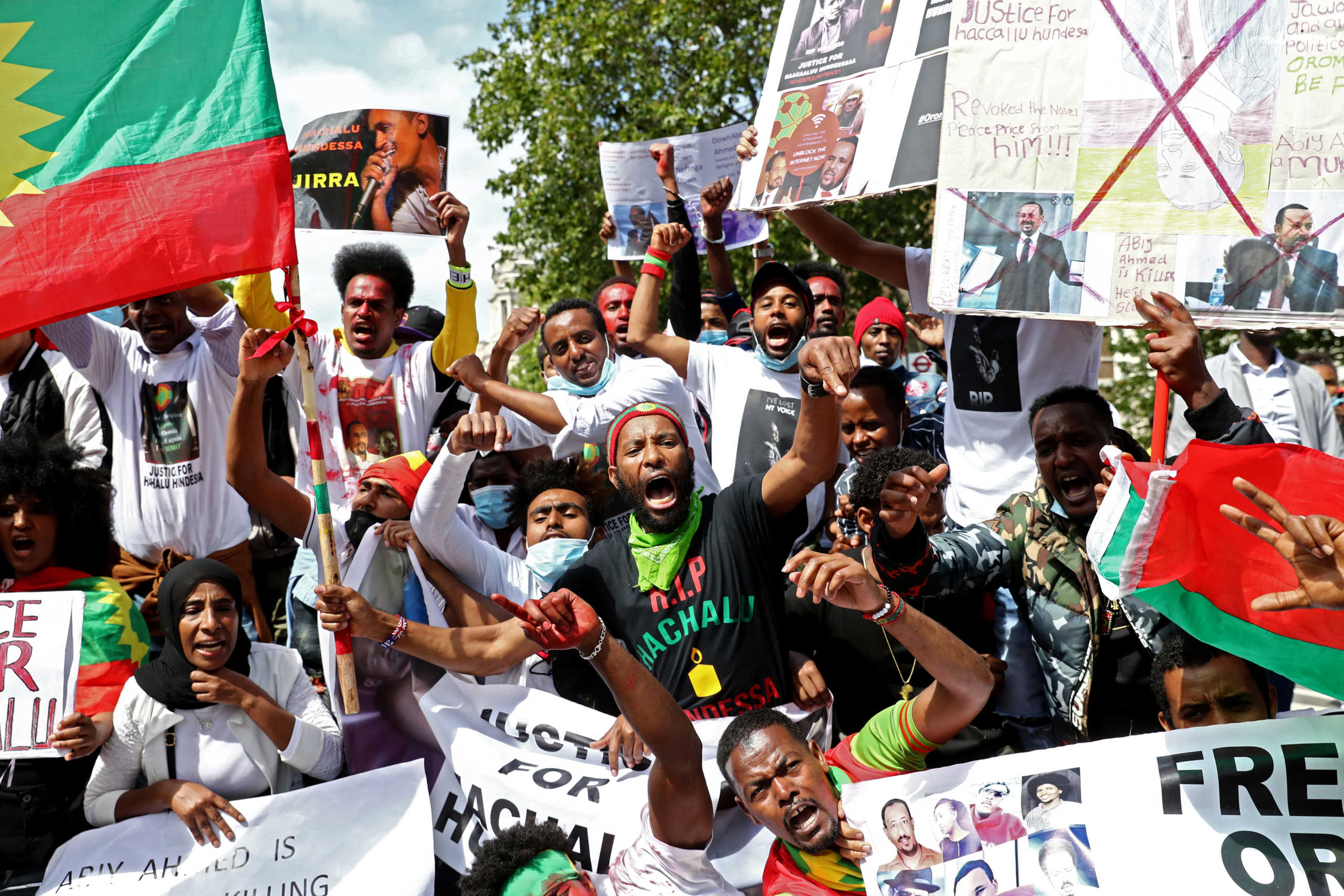 People gather to protest against the treatment of Ethiopia's ethnic Oromo group, outside Downing Street in London, Britain, July 3, 2020. REUTERS