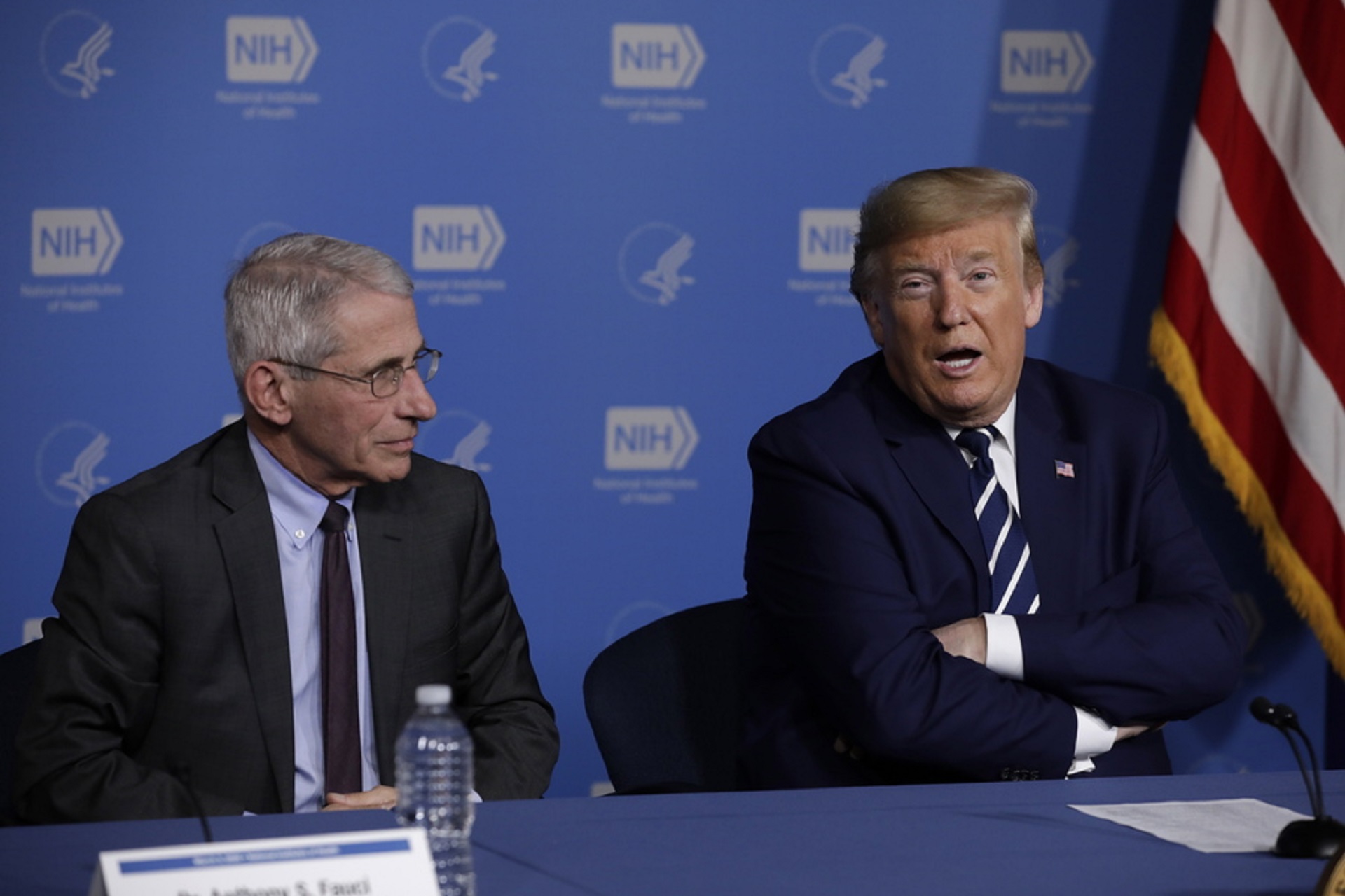 epa08267909 US President Donald J. Trump (R) along with Immunologist Dr. Anthony S. Fauci (L) of the US National Institutes of Health participate in a coronavirus roundtable briefing at National Institutes of Health and Vaccine Research Center in Bethesda, Maryland, USA, on 03 March 2020.  EPA