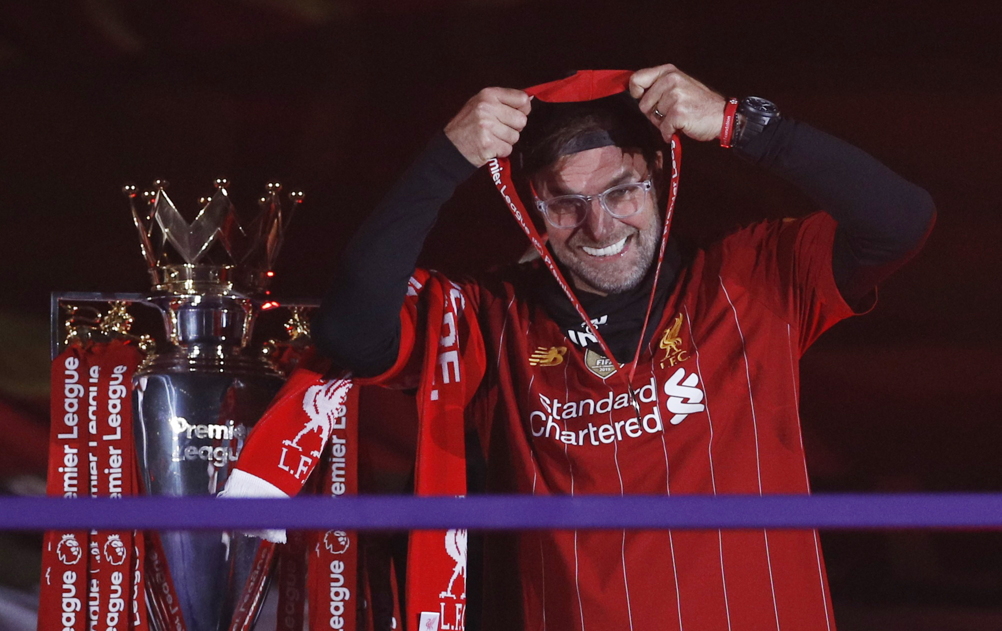 Soccer Football - Premier League - Liverpool v Chelsea - Anfield, Liverpool, Britain - July 22, 2020 Liverpool manager Juergen Klopp celebrates after winning the Premier League Pool via REUTERS