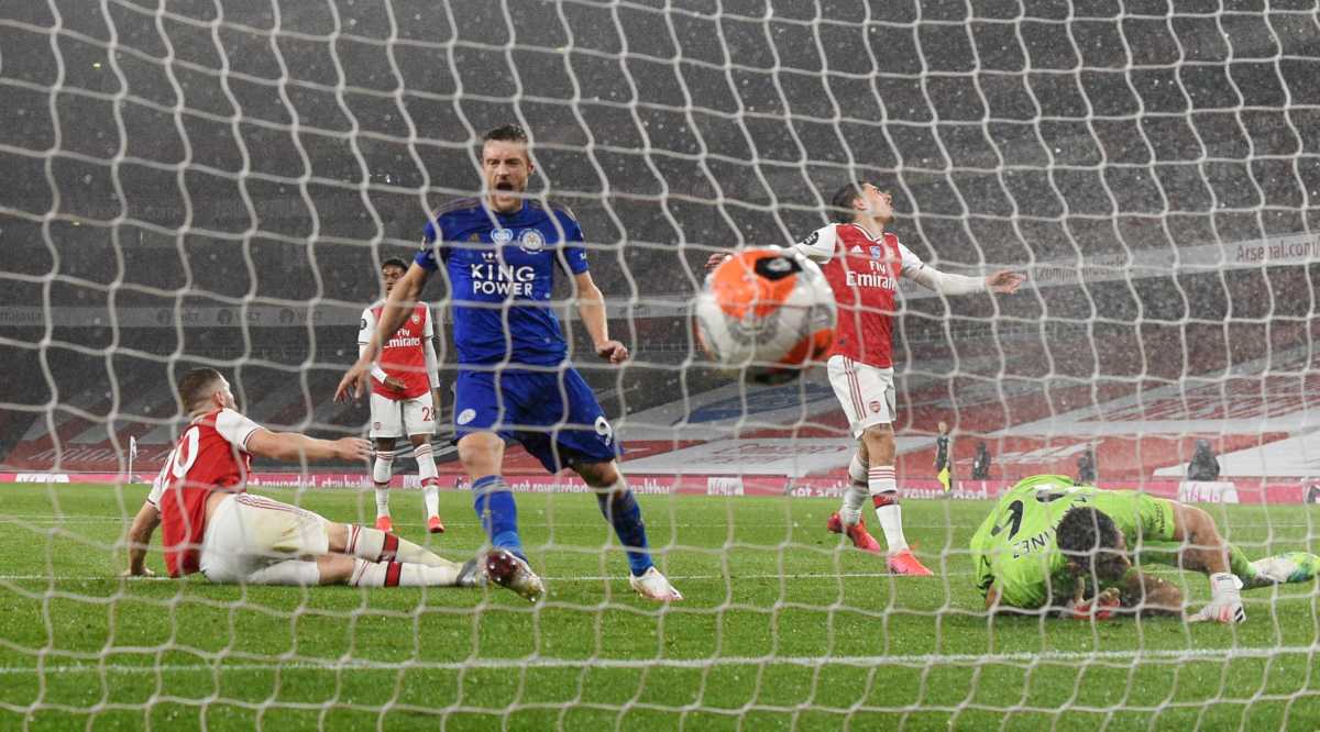 Soccer Football - Premier League - Arsenal v Leicester City - Emirates Stadium, London, Britain - July 7, 2020  Leicester City's Jamie Vardy scores their first goal, as play resumes behind closed doors following the outbreak of the coronavirus disease (COVID-19)  Shaun Botterill