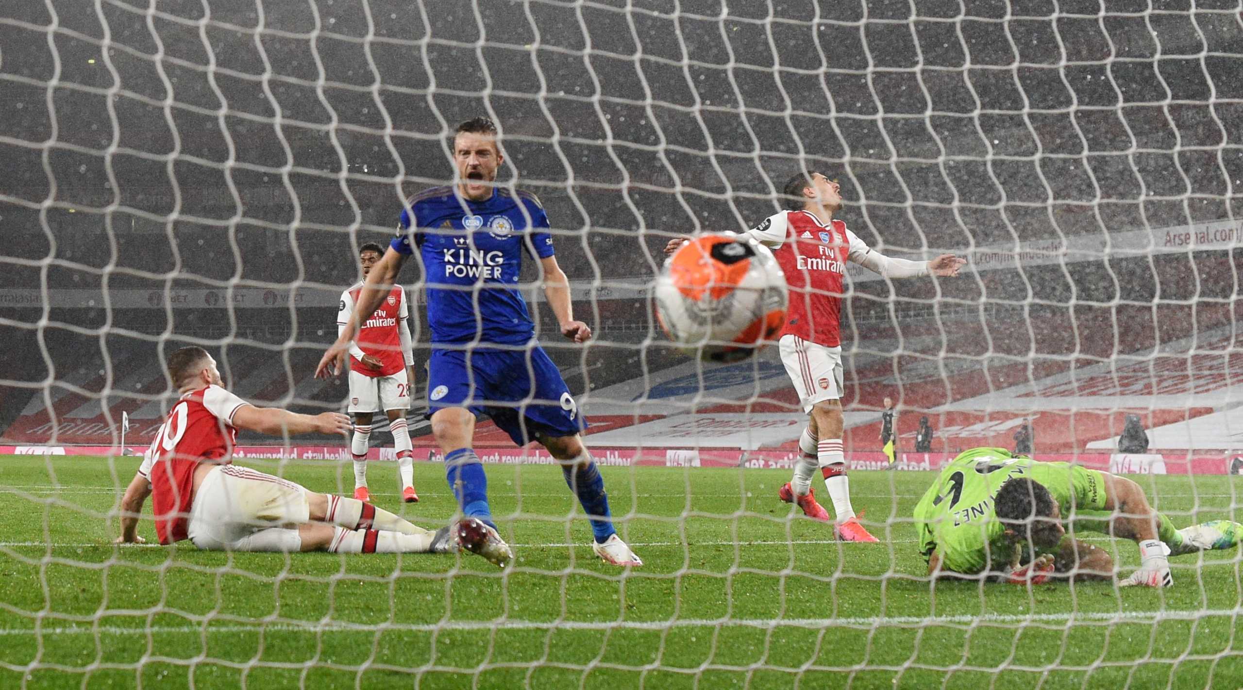 Soccer Football - Premier League - Arsenal v Leicester City - Emirates Stadium, London, Britain - July 7, 2020  Leicester City's Jamie Vardy scores their first goal, as play resumes behind closed doors following the outbreak of the coronavirus disease (COVID-19)  Shaun Botterill