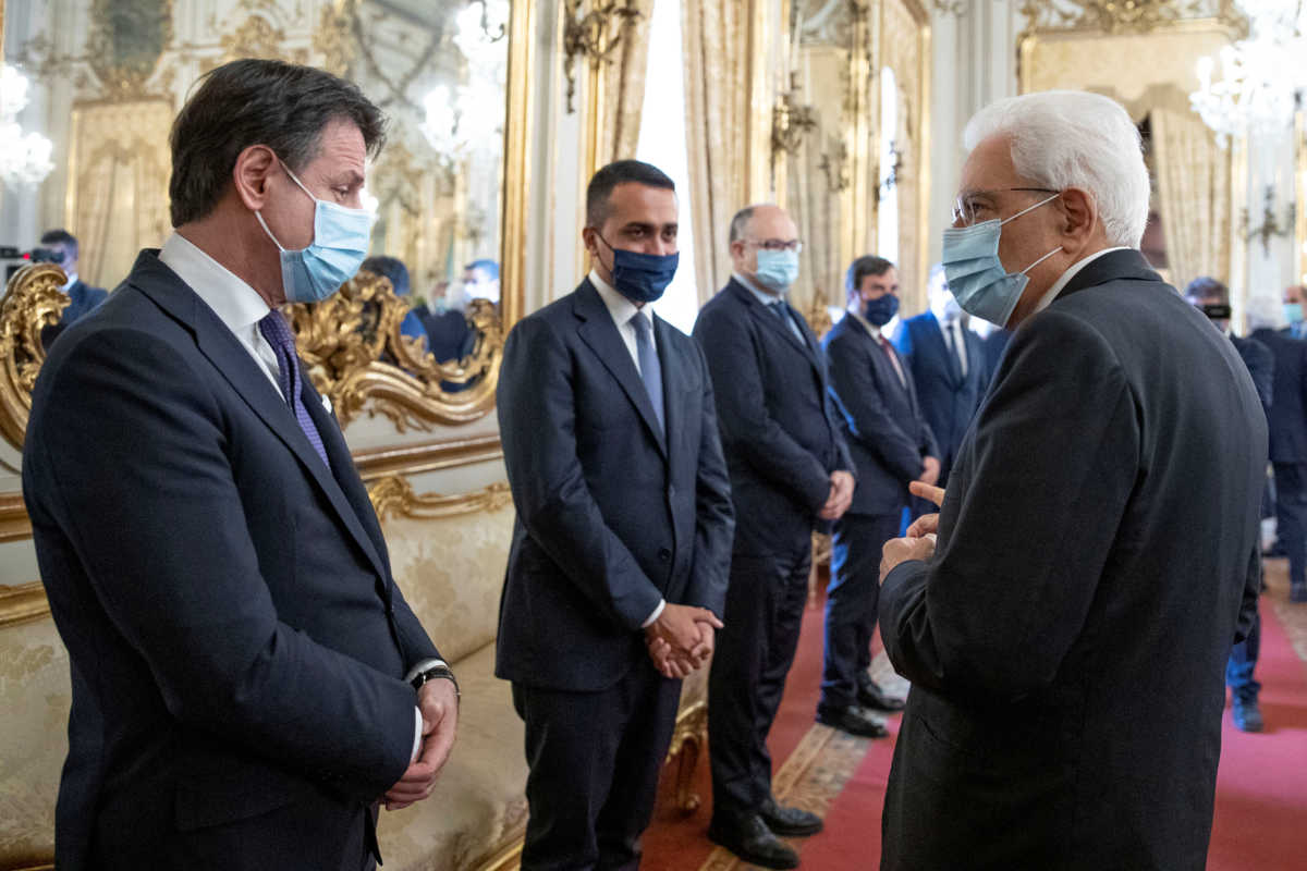 Italian President Sergio Mattarella meets with Italian Prime Minister Giuseppe Conte and members of the government ahead of the European Summit, in Rome, Italy, July 15, 2020. Presidential Press Office