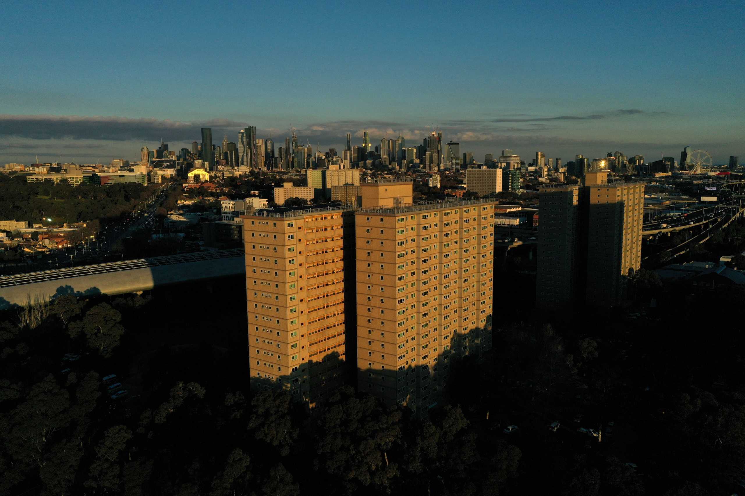 Public housing towers locked down in response to an outbreak of the coronavirus disease (COVID-19) are seen in Melbourne, Australia, July 8, 2020. Picture taken July 8, 2020.  AAP Image