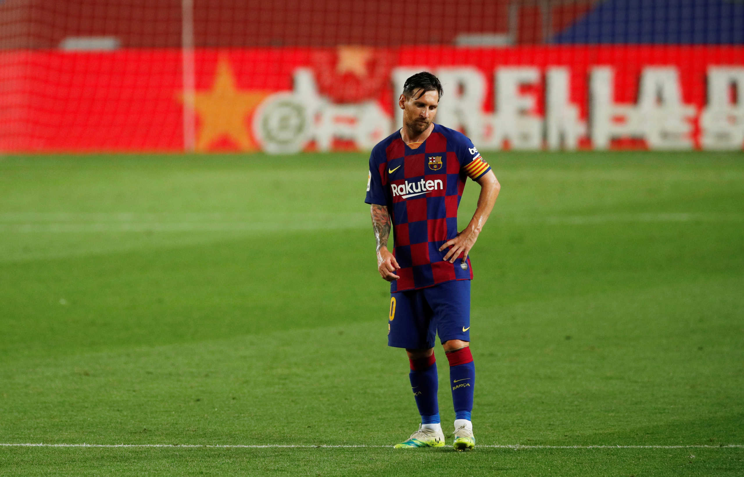Soccer Football - La Liga Santander - FC Barcelona v Osasuna - Camp Nou, Barcelona, Spain - July 16, 2020   Barcelona's Lionel Messi looks dejected after the match, as play resumes behind closed doors following the outbreak of the coronavirus disease (COVID-19)   REUTERS