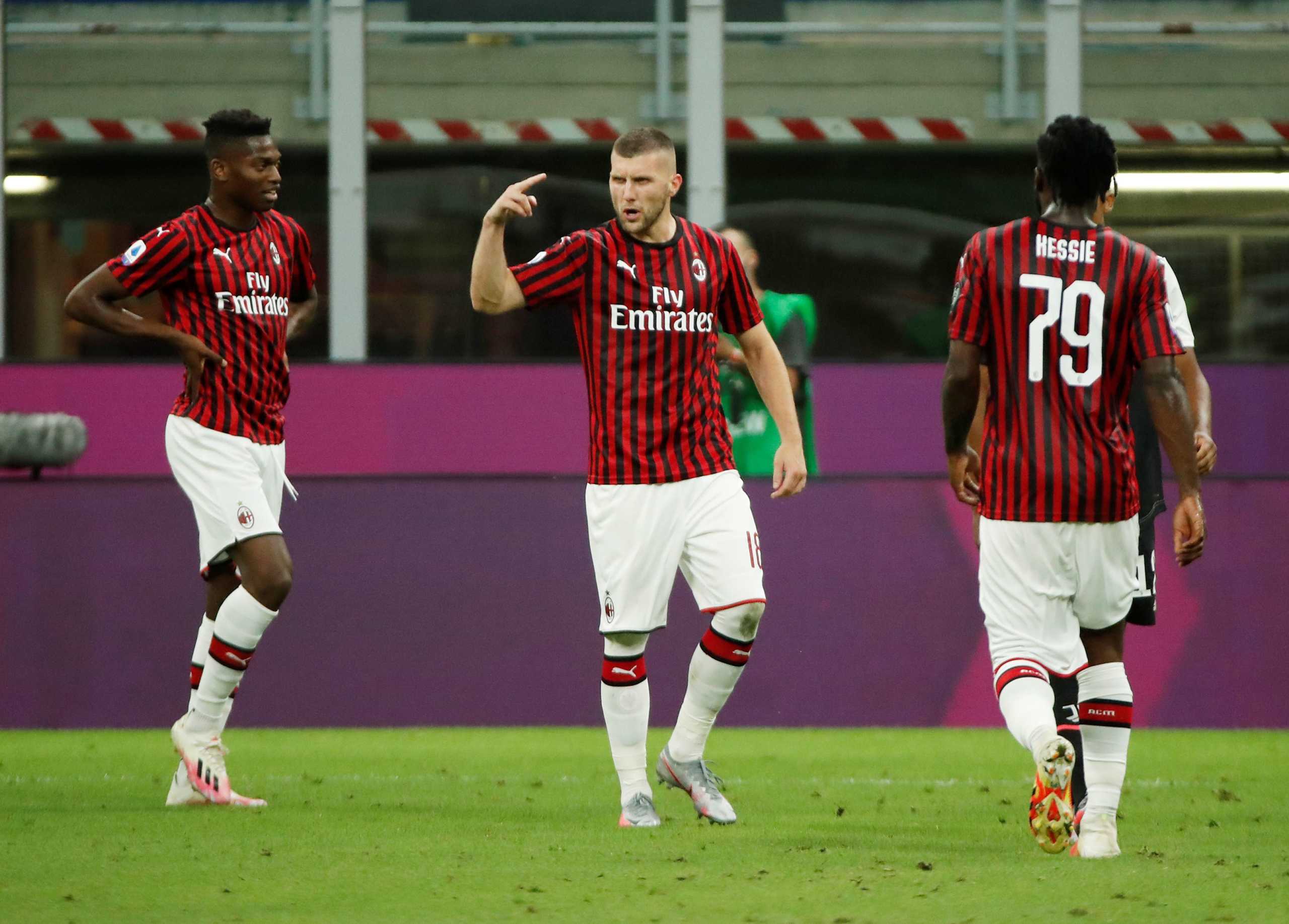 Soccer Football - Serie A - AC Milan v Juventus - San Siro, Milan, Italy - July 7, 2020   AC Milan's Ante Rebic celebrates scoring their fourth goal, as play resumes behind closed doors following the outbreak of the coronavirus disease (COVID-19)   REUTERS