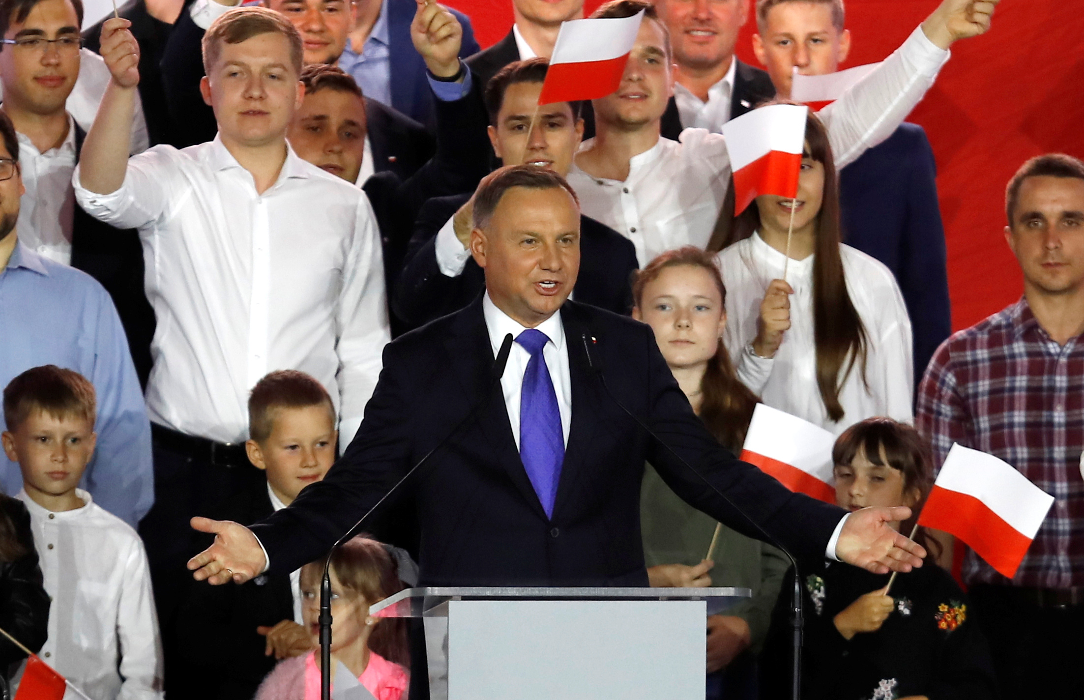 Polish President and presidential candidate of the Law and Justice (PiS) party Andrzej Duda speaks after the announcement of the first exit poll results on the second round of the presidential election in Pultusk, Poland, July 12, 2020. REUTERS