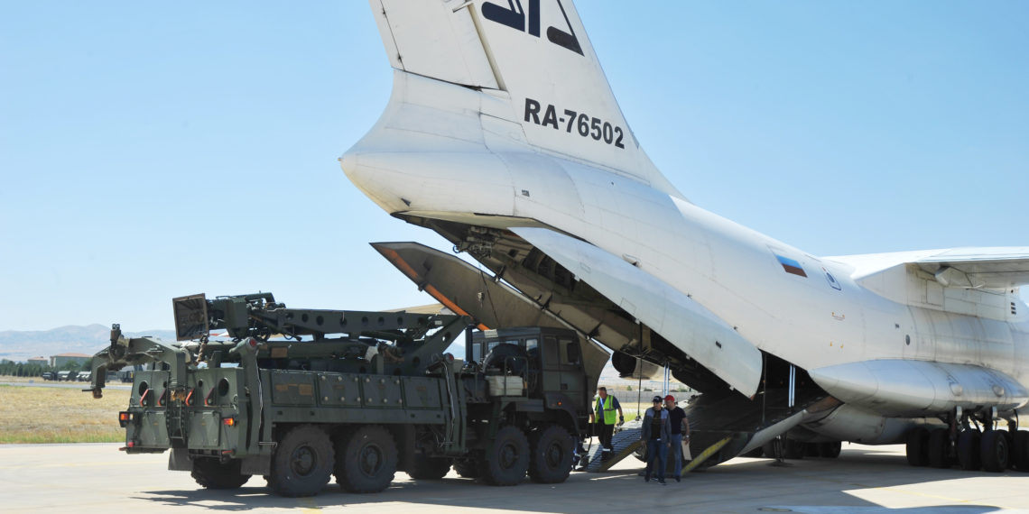 Parts of a Russian S-400 defense system are unloaded from a Russian plane at Murted Airport near Ankara, Turkey, August 27, 2019. Turkish Military