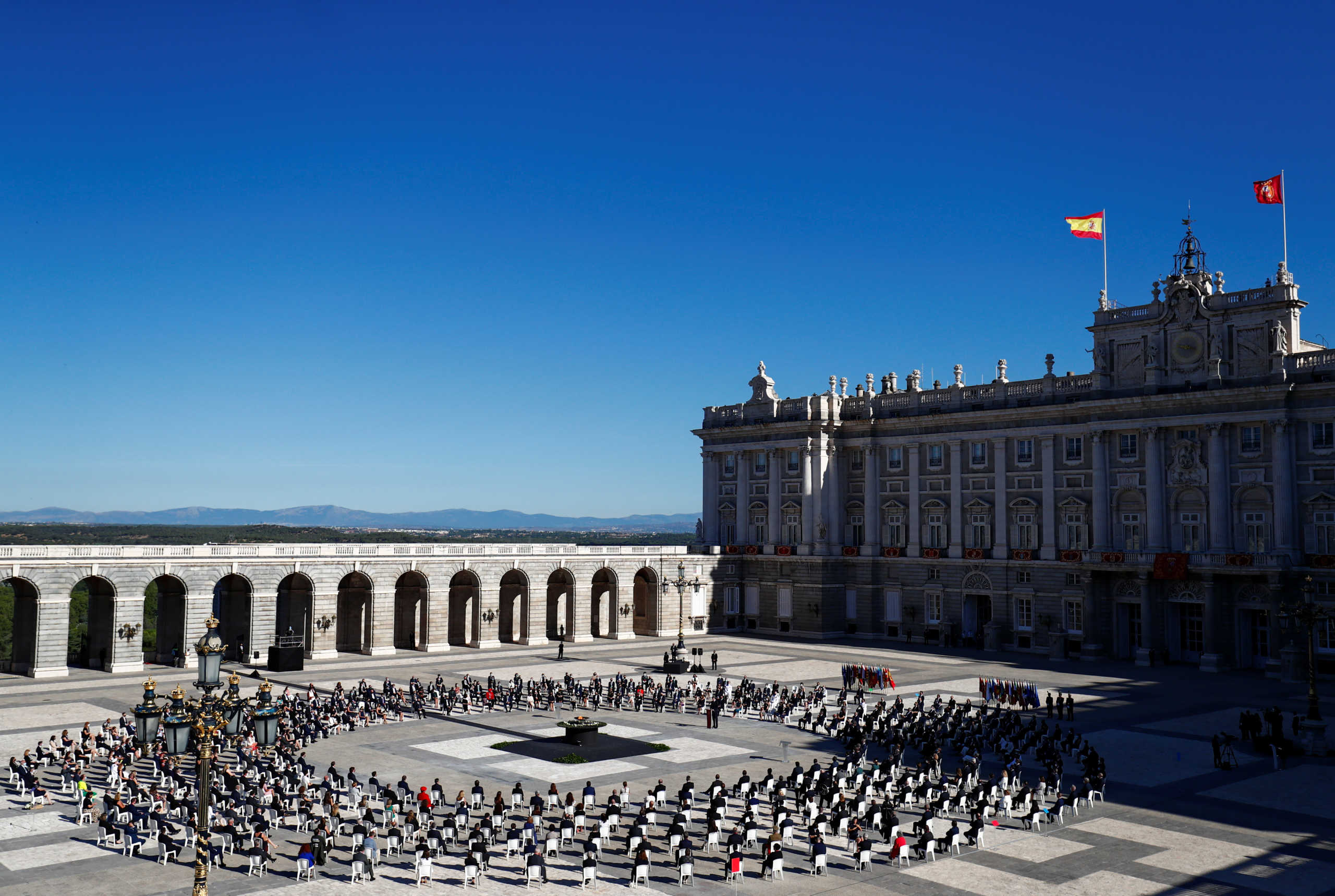 A general view of a state tribute ceremony in memory of Spain's coronavirus disease (COVID-19) victims, at the Royal Palace in Madrid, Spain July 16, 2020. REUTERS