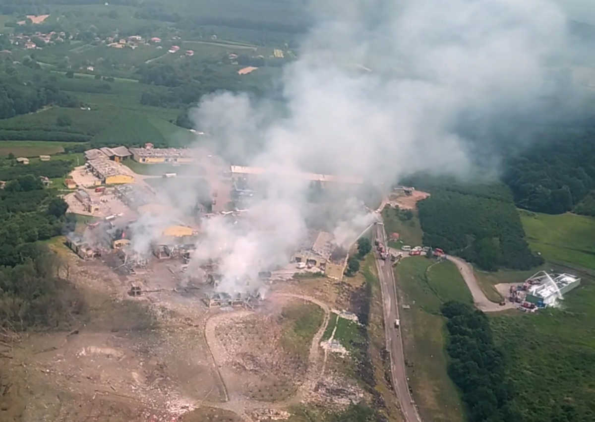 An aerial view of the firework factory following a blast is seen from the helicopter of Turkish Interior Minister Suleyman Soylu, in Hendek in Sakarya province, Turkey, in this screen grab taken from video July 3, 2020. Turkish Interior Ministry
