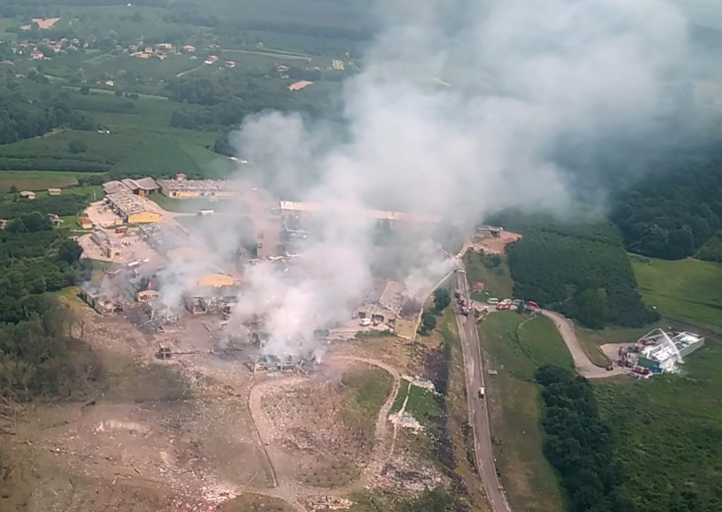 An aerial view of the firework factory following a blast is seen from the helicopter of Turkish Interior Minister Suleyman Soylu, in Hendek in Sakarya province, Turkey, in this screen grab taken from video July 3, 2020. Turkish Interior Ministry
