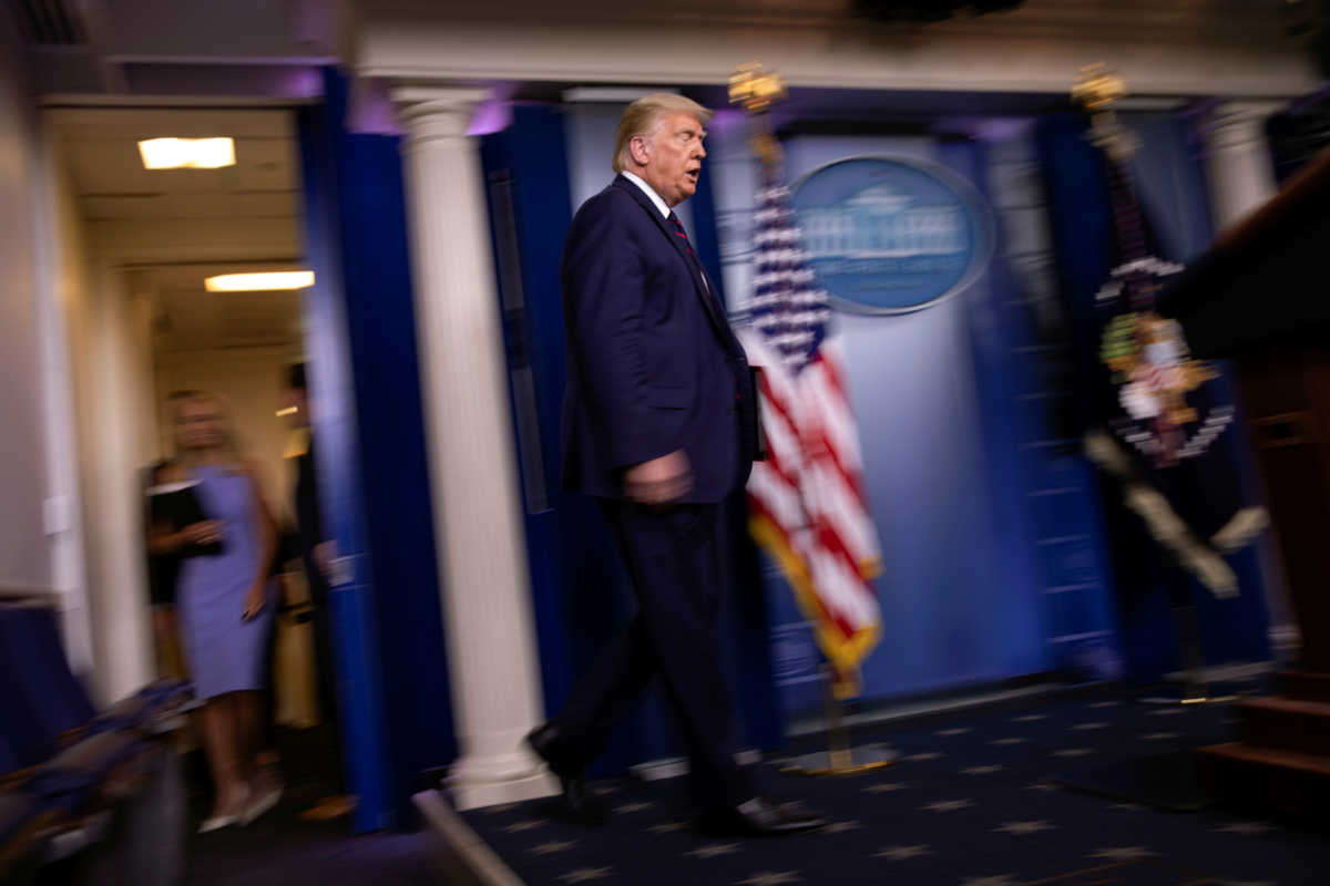U.S. President Donald Trump attends a coronavirus disease (COVID-19) task force news briefing at the White House in Washington, U.S., July 30, 2020. REUTERS