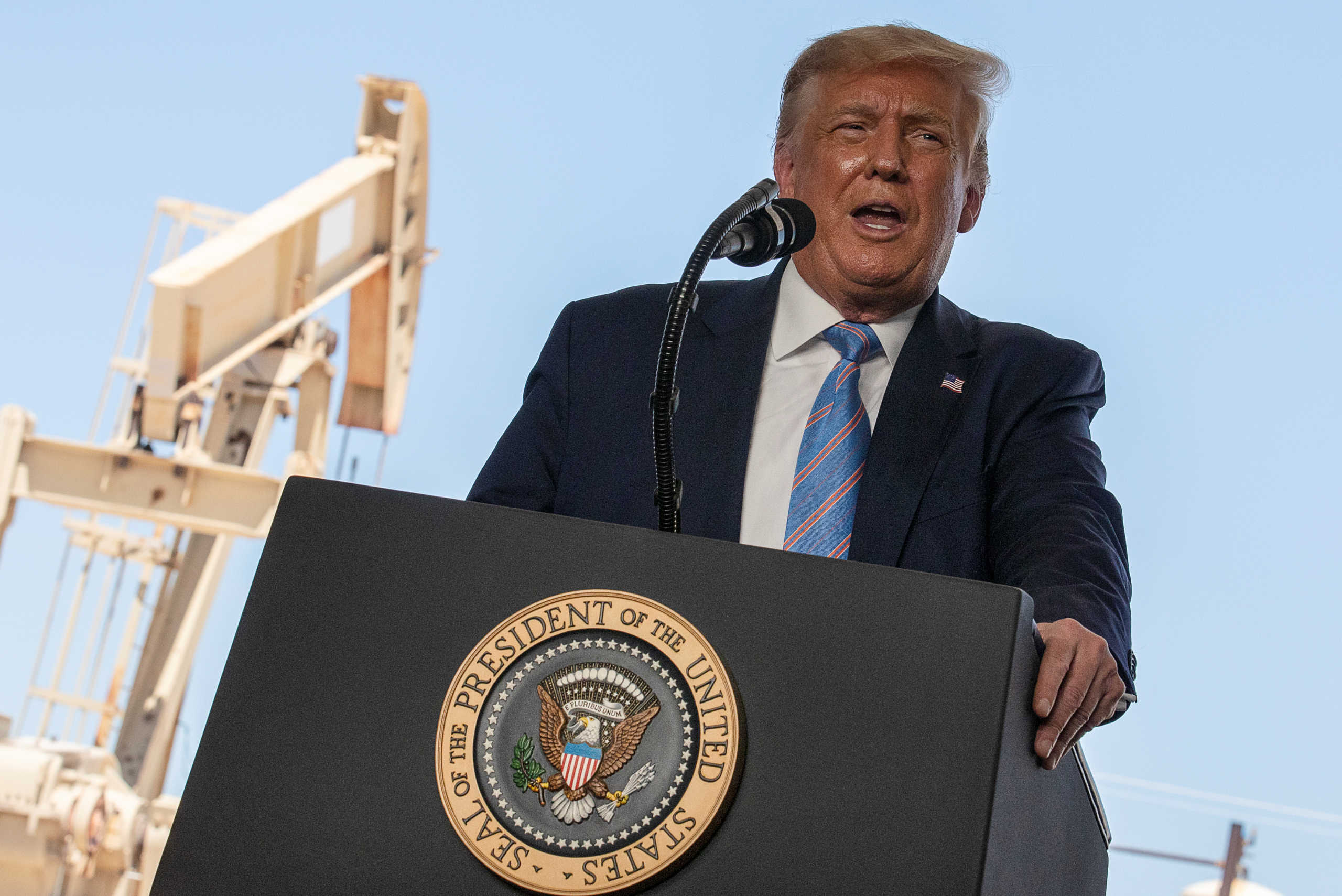 U.S. President Donald Trump delivers a speech during a tour of the Double Eagle Energy Oil Rig in Midland, Texas, U.S., July 29, 2020. REUTERS