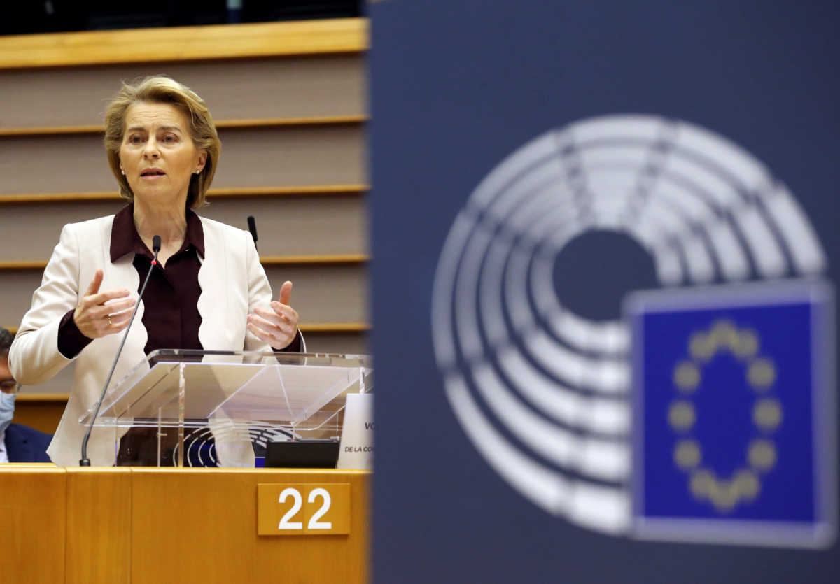 European Commission President Ursula Von Der Leyen delivers a speech during a plenary session on the conclusions of the extraordinary European Council meeting at the European Parliament in Brussels, Belgium July 23, 2020. Francois Walschaerts