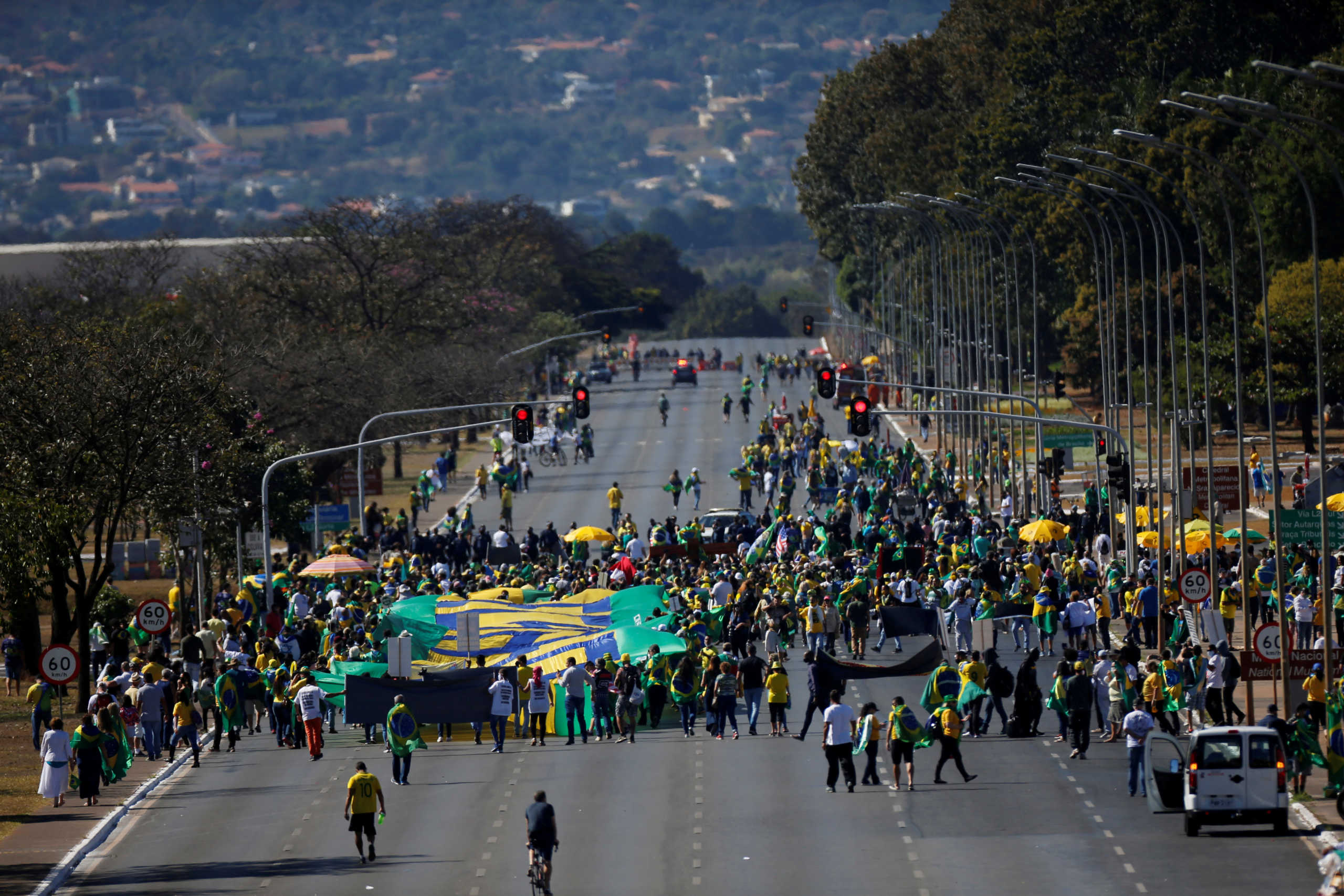 Demonstrators take part in a protest in support of Brazilian President Jair Bolsonaro, amid the coronavirus disease (COVID-19) outbreak, in Brasilia, Brazil, July 19, 2020. REUTERS