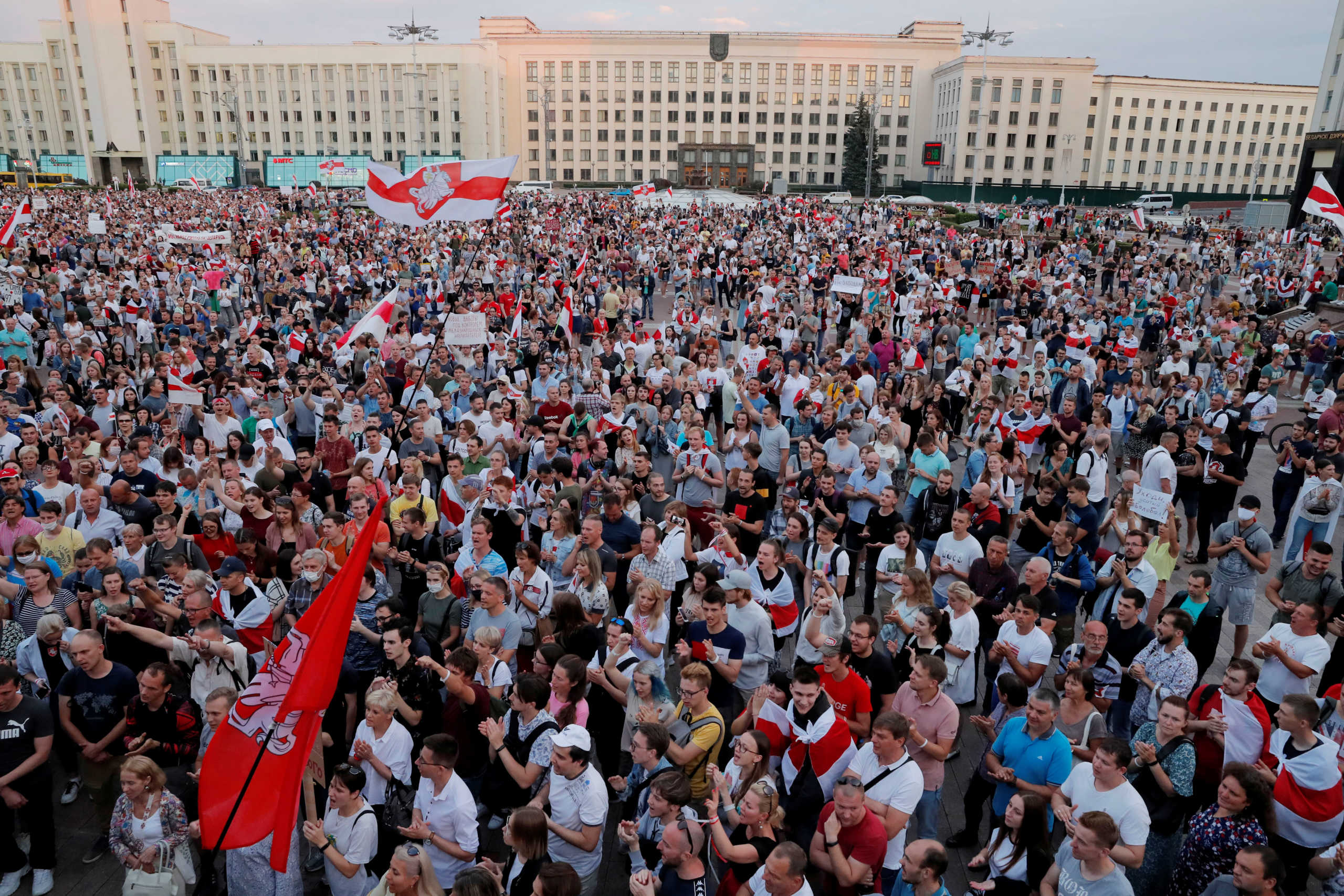 People attend an opposition demonstration to protest against presidential election results, in Independence Square in Minsk, Belarus August 18, 2020. REUTERS