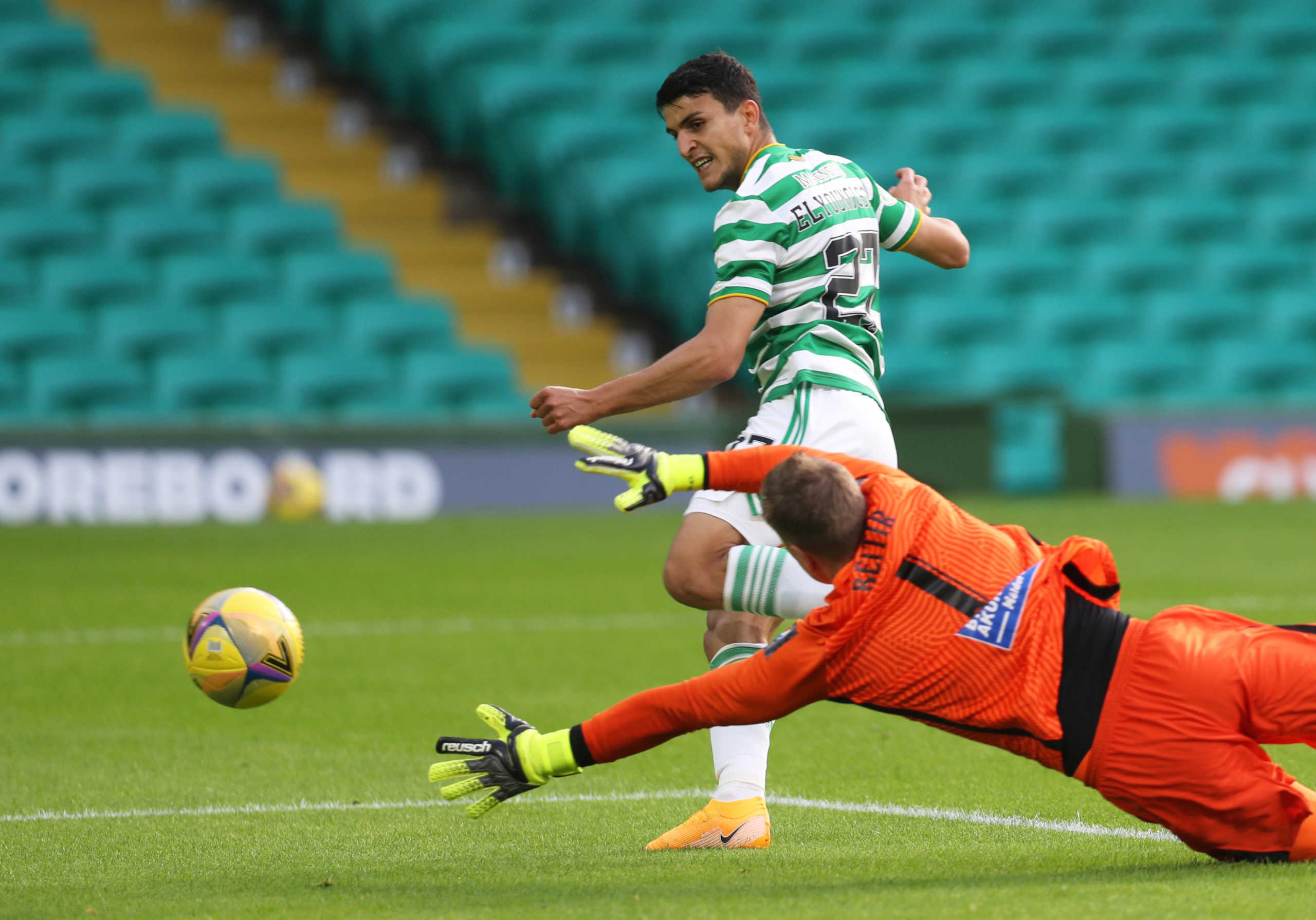 Soccer Football - Champions League First Qualifying Round - Celtic v KR Reykjavik - Celtic Park, Glasgow, Britain - August 18, 2020  Celtic's Mohamed Elyounoussi scores their first goal   REUTERS