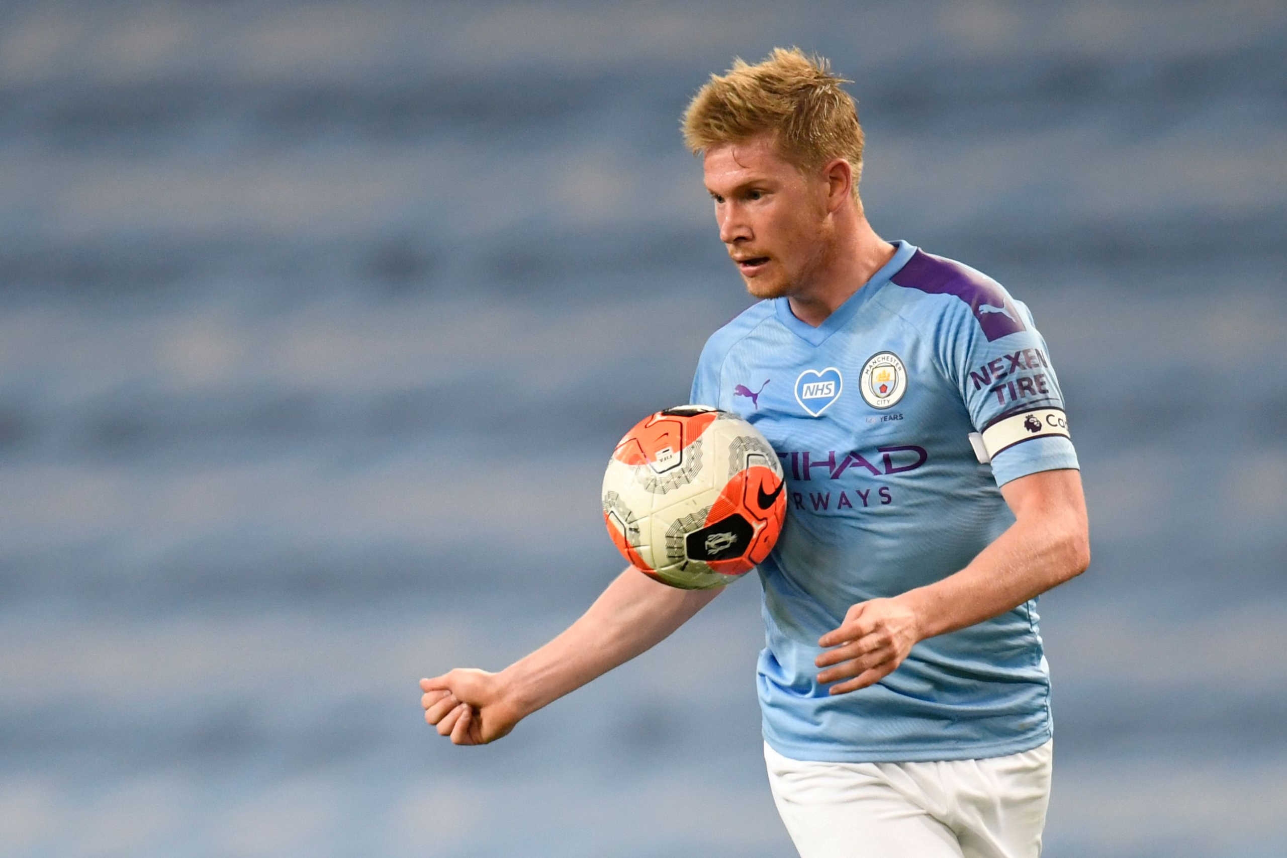 FILE PHOTO: Soccer Football - Premier League - Manchester City v Liverpool - Etihad Stadium, Manchester, Britain - July 2, 2020 Manchester City's Kevin De Bruyne, as play resumes behind closed doors following the outbreak of the coronavirus disease (COVID-19) Peter Powell