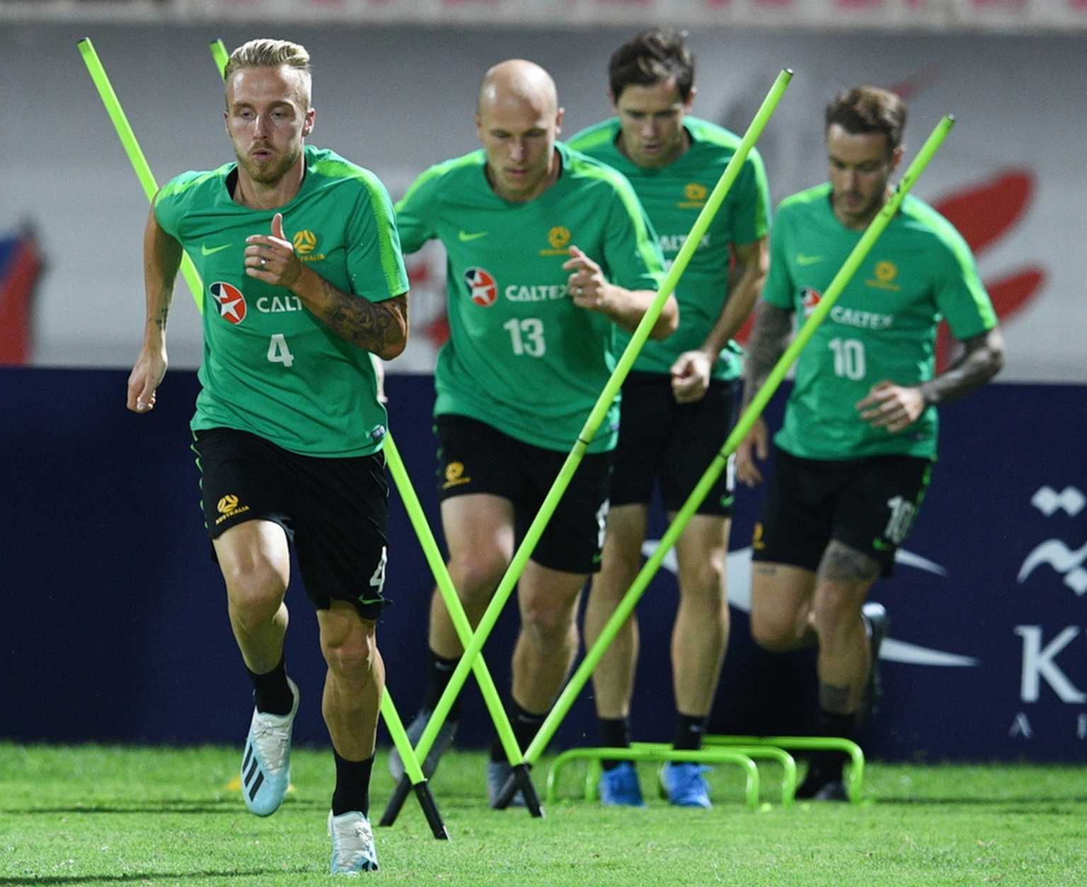 epa07830481 Australia's James Jeggo (L) attends a training session in Kuwait City, Kuwait, 09 September 2019. Australia will face Kuwait in their Asian qualifier for the FIFA soccer World Cup Qatar 2022 and the AFC Asian Cup China 2023 on 09 September 2019.  EPA
