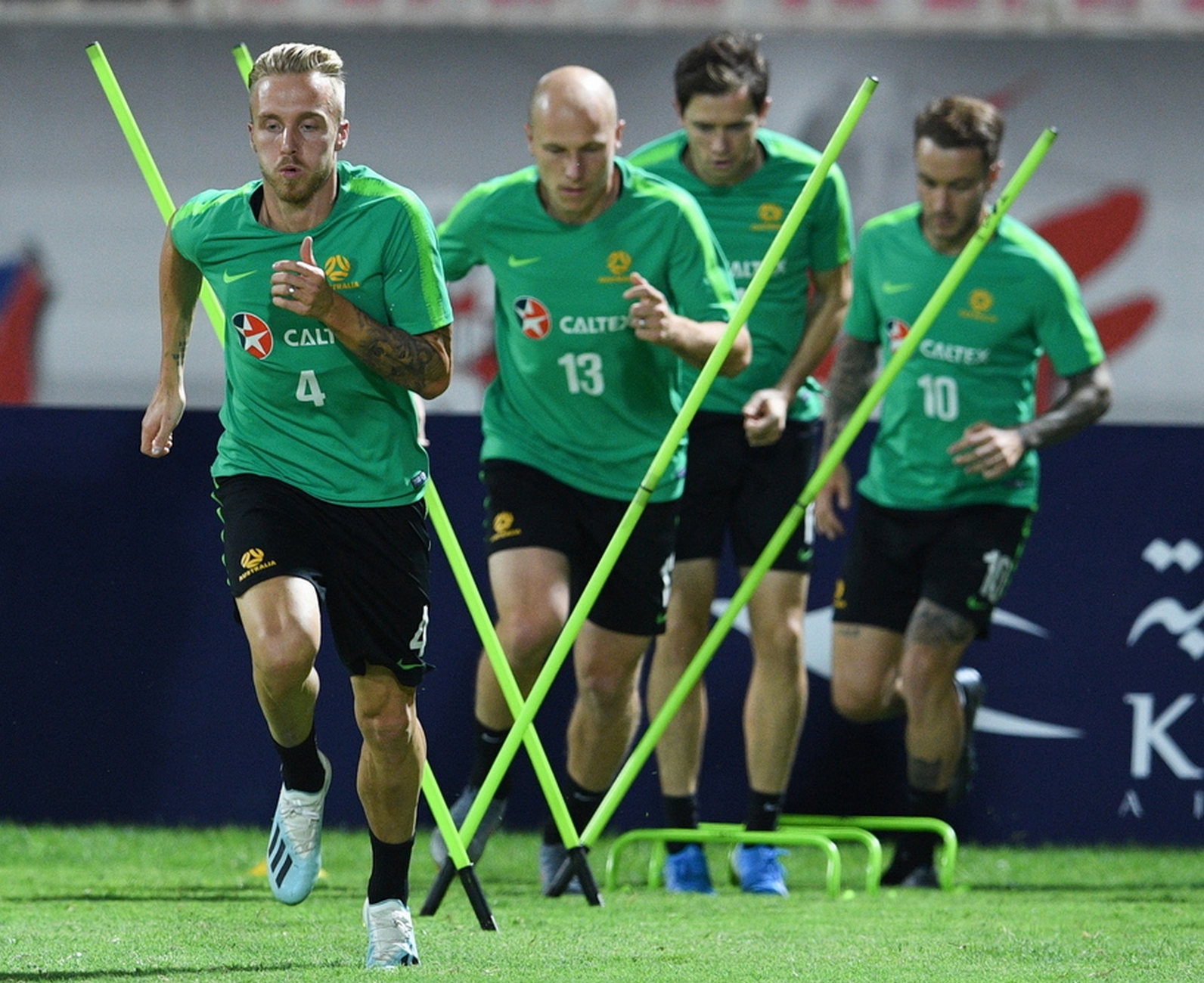 epa07830481 Australia's James Jeggo (L) attends a training session in Kuwait City, Kuwait, 09 September 2019. Australia will face Kuwait in their Asian qualifier for the FIFA soccer World Cup Qatar 2022 and the AFC Asian Cup China 2023 on 09 September 2019.  EPA