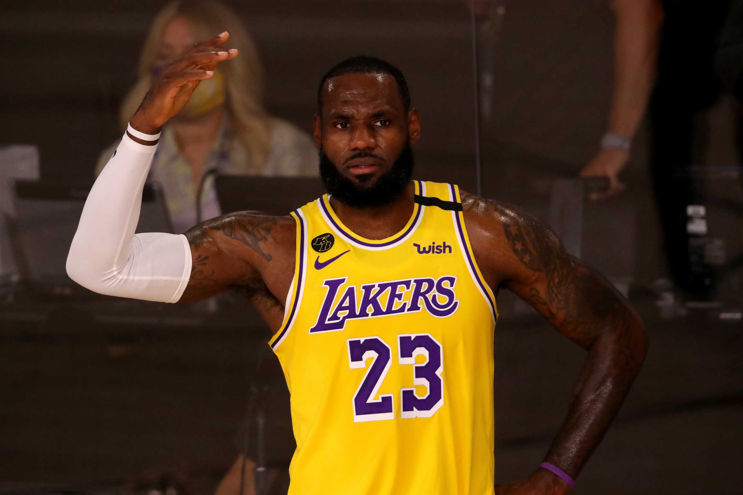 July 30, 2020; Lake Buena Vista, USA;  LeBron James #23 of the Los Angeles Lakers looks on against the LA Clippers during the first quarter of the game at The Arena at ESPN Wide World Of Sports Complex on July 30, 2020 in Lake Buena Vista, Florida. Mandatory Credit: Mike Ehrmann